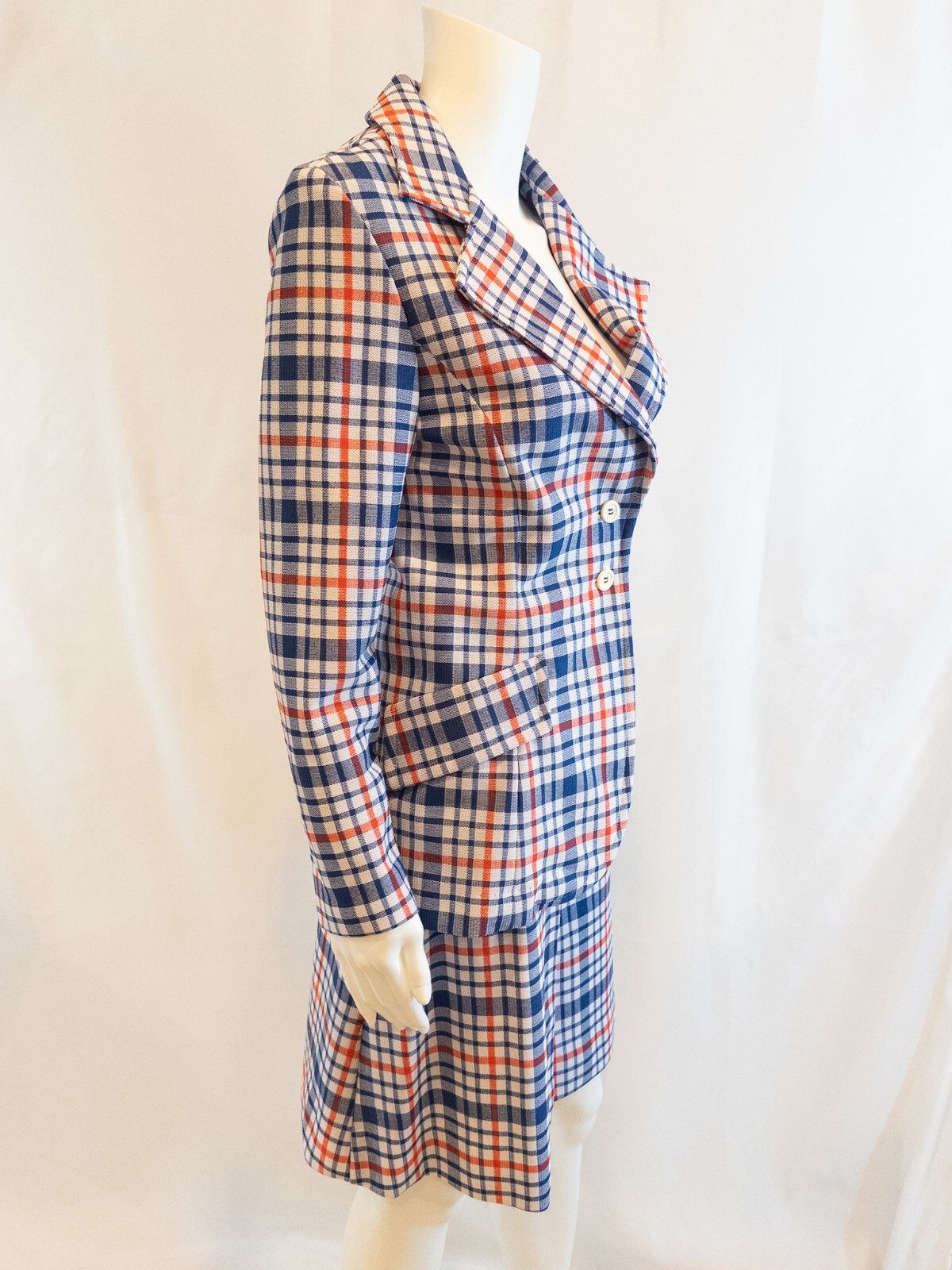 1970s Plaid Double Knit Women’s Skirt Suit by KNIT-INS size 9-10 Red,White,Blue