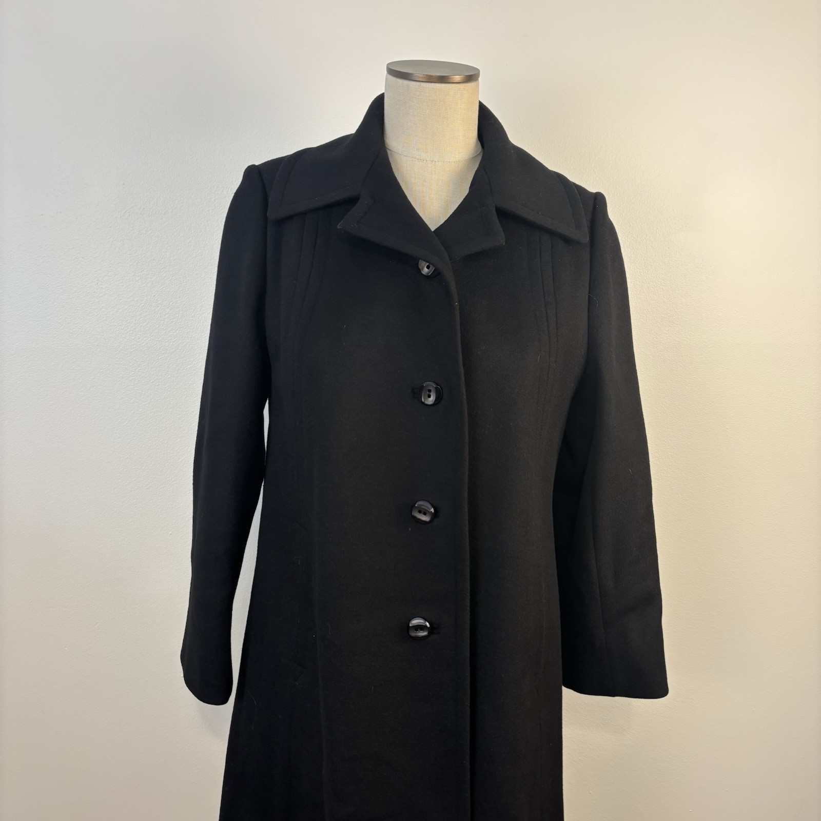 VTG 1960s Stevens Forstmann Black Wool Swing Coat Mod Jacki O Style Quiet Luxury