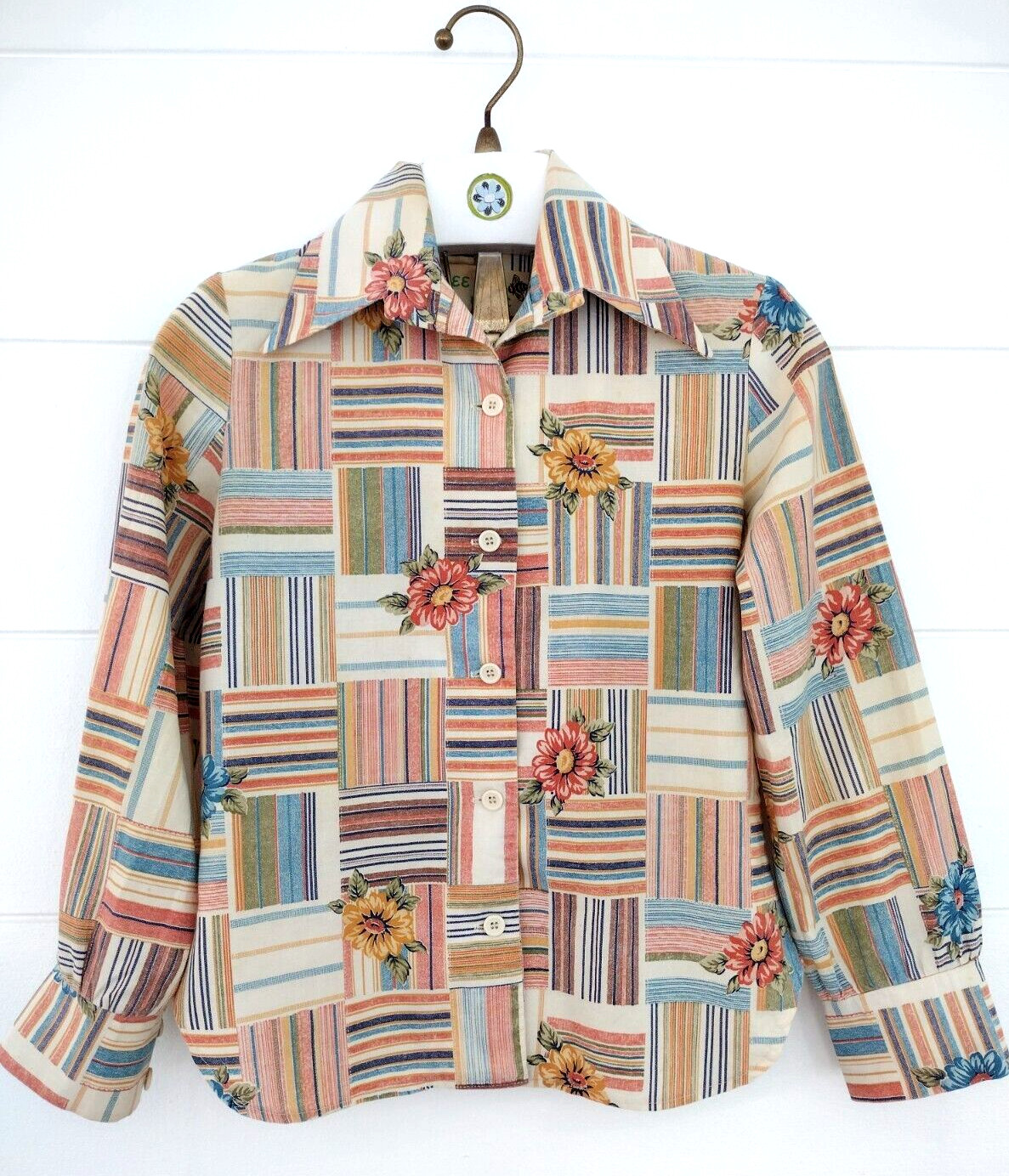 Vtg 70’s Western Patchwork Dagger Collar Plaid Button-Up Retro Mod Blouse Sz S