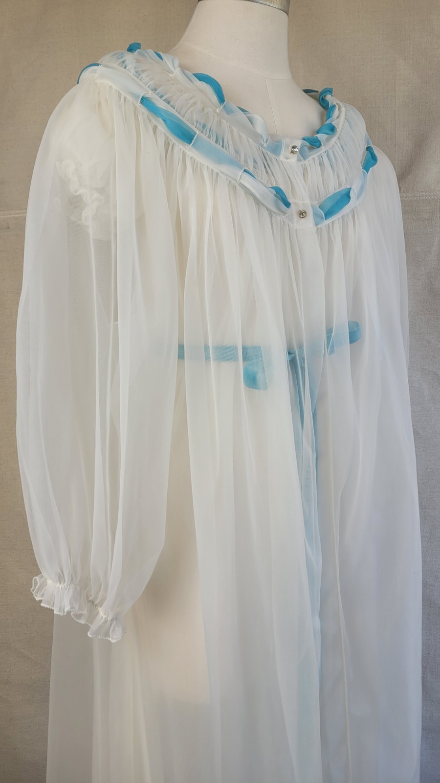 1960s exquisite sheer long white peignoir set with shirring & turquoise accents
