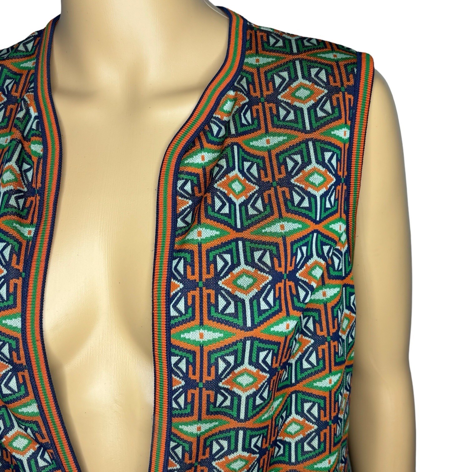 AILEEN Women’s Vest Size 12 Green Orange Blue Funky Pattern Button Front 70s VTG