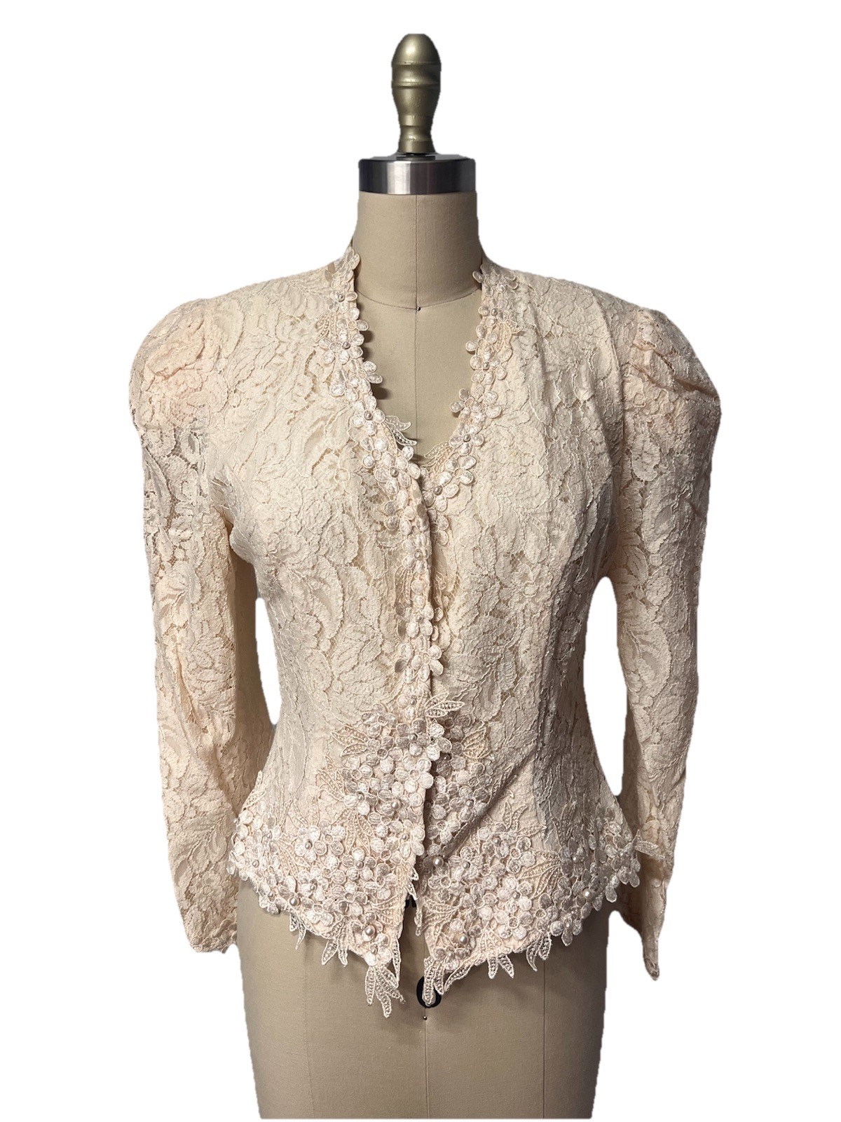 Vintage 80s Cachet by Bari Protas Ivory Fitted Lace Jacket w/ Pearls Size 9/10