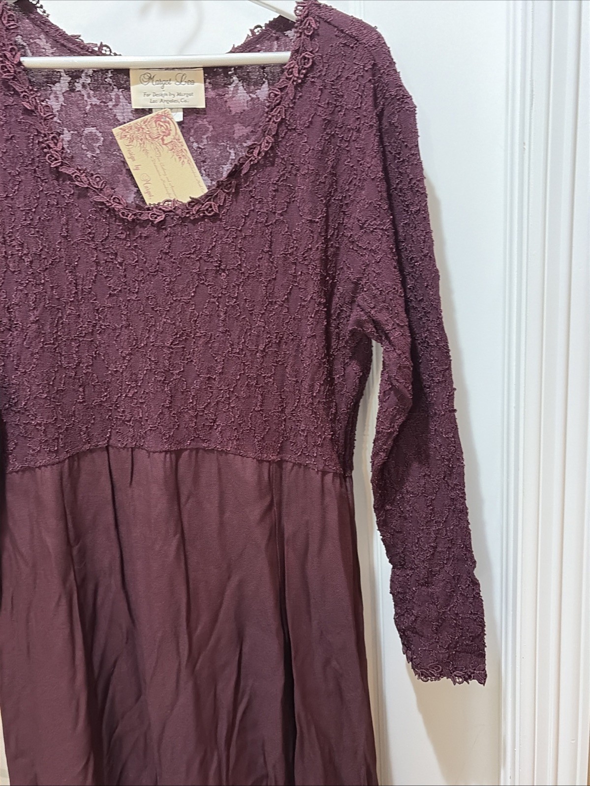 VTG NWT Margot Lea Dress Size XL Lace Accents Burgundy Maxi Long Sleeve USA