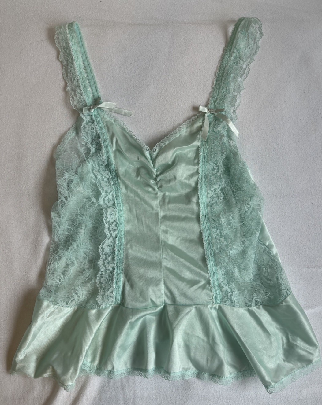 Vintage Coquette Dainty Babydoll Lace and Bows Lingerie Top Sz L Sea Foam Green