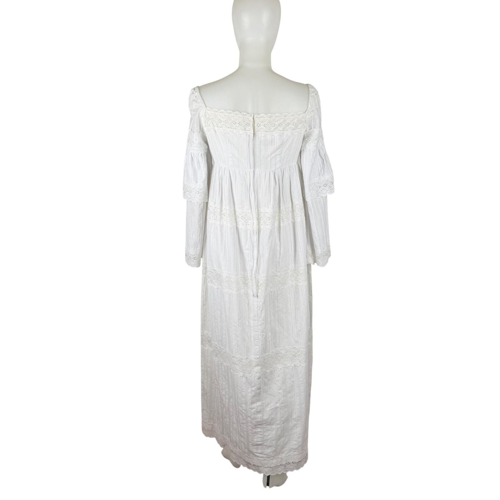 Vintage 70s White Maxi Dress Pleated Cotton Boho Wedding Cottagecore Size S
