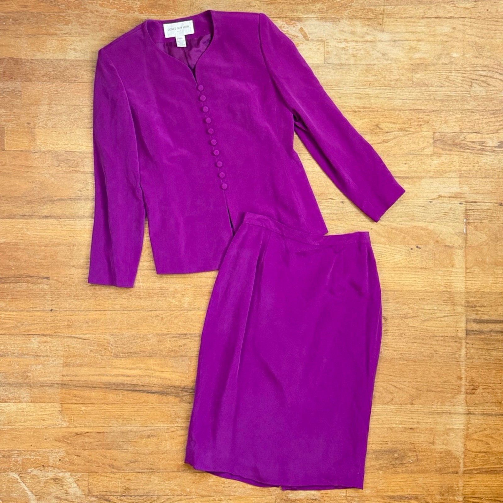Vintage Magenta Purple Silk Suit Set Size Small 6 Skirt Blazer Jacket 90s Preppy