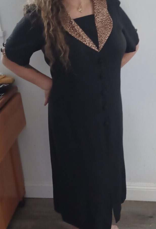 Vintage 80s Black Swing Shift Dress Contrast Leopard Oversized Collar L XL