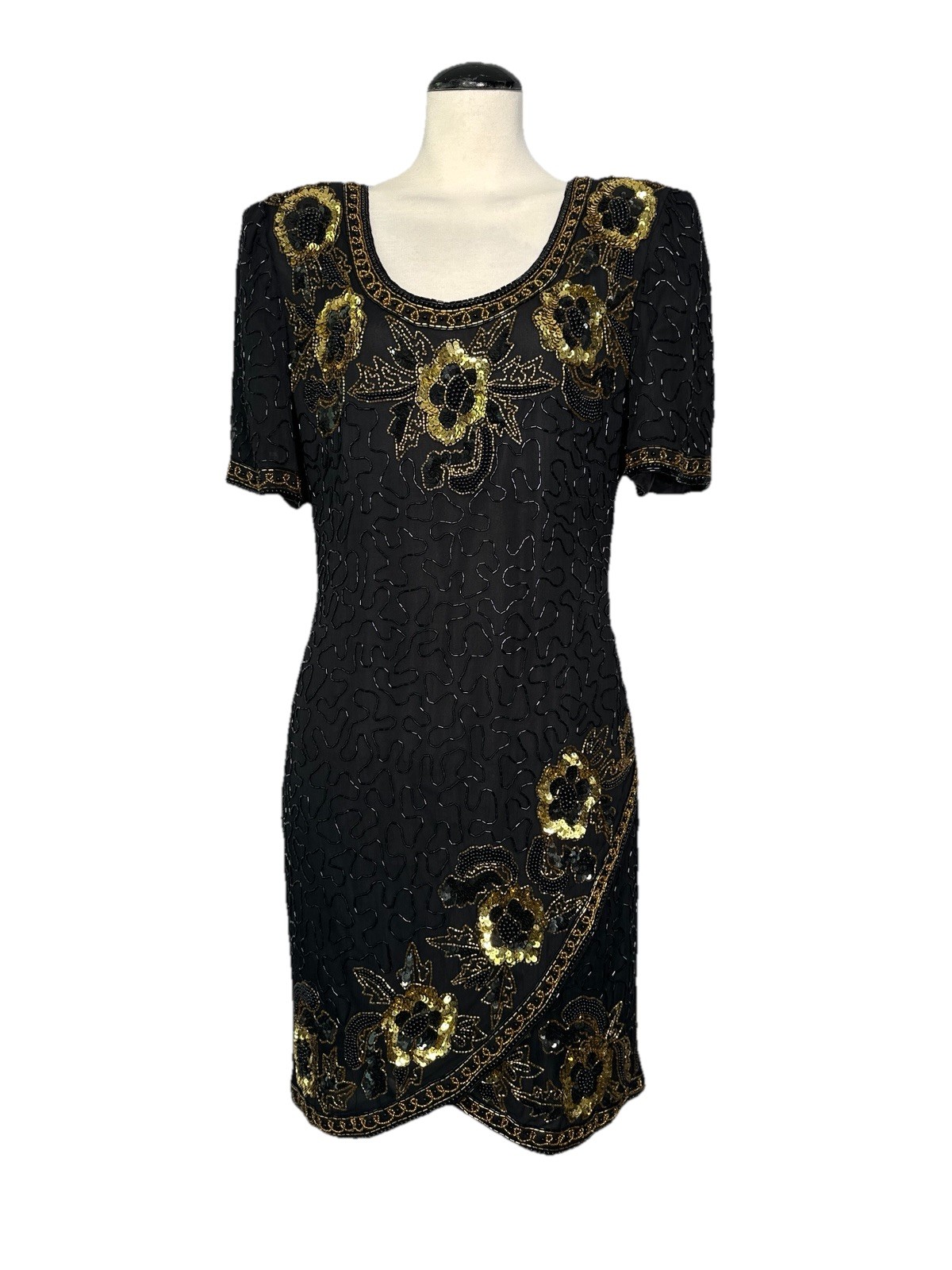 VTG NOS Laurence Kazar Floral Wrap Front Dress Sequin Bead Black Gold PXS/S