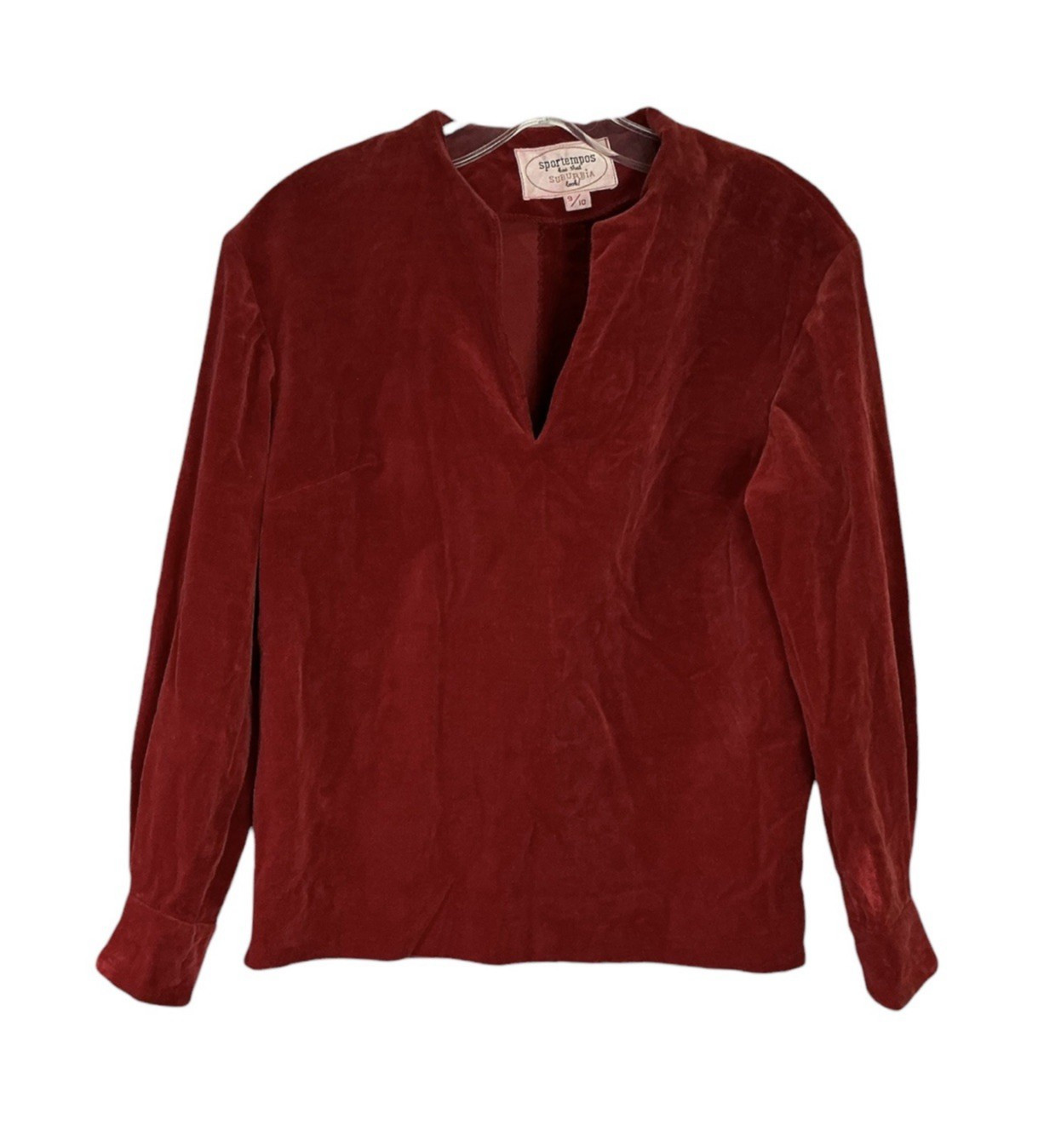 Vintage Sportempos Suburbia Velvet Top Red Long Sleeve V-Notch