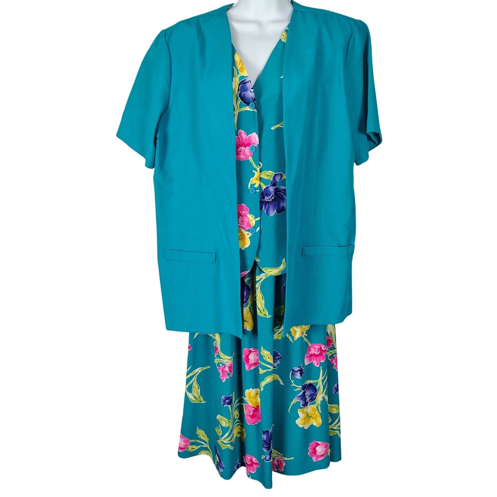 Alfred Dunner Vintage 2 Piece Set Teal Floral Blazer Skirt 16 USA 90s botanical
