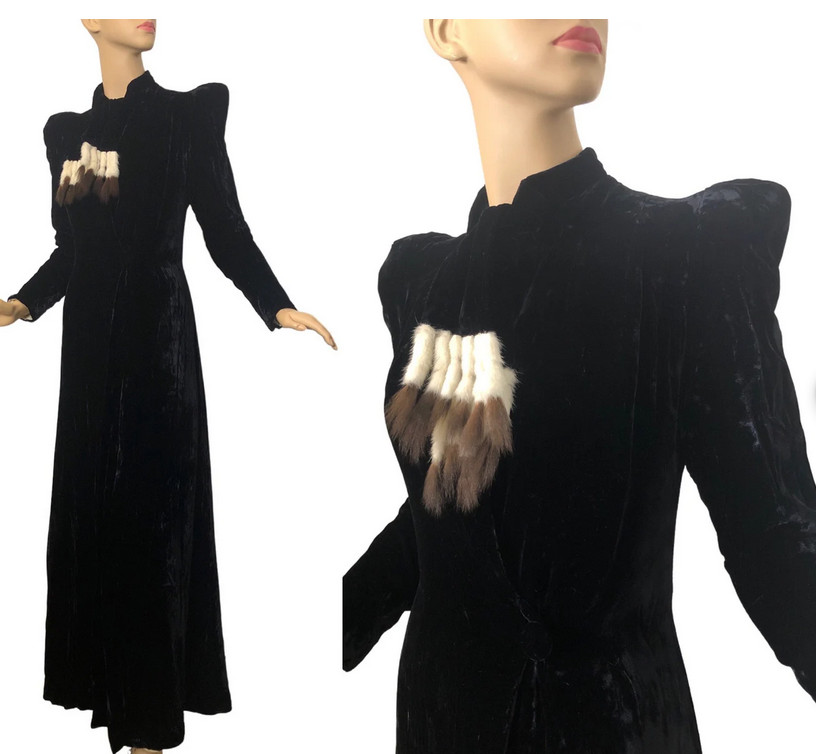 Vintage 30s Black Velvet Opera Coat Attached Scarf with Ermine Fur Fringe
