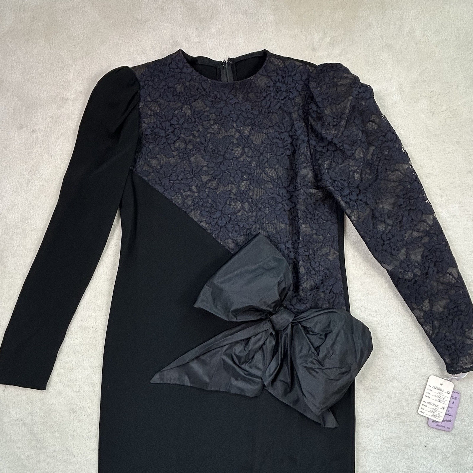 VTG 70s Mollie Parnis Studio Midi Dress Dead Stock Long Sleeve Black Lace Bow 8