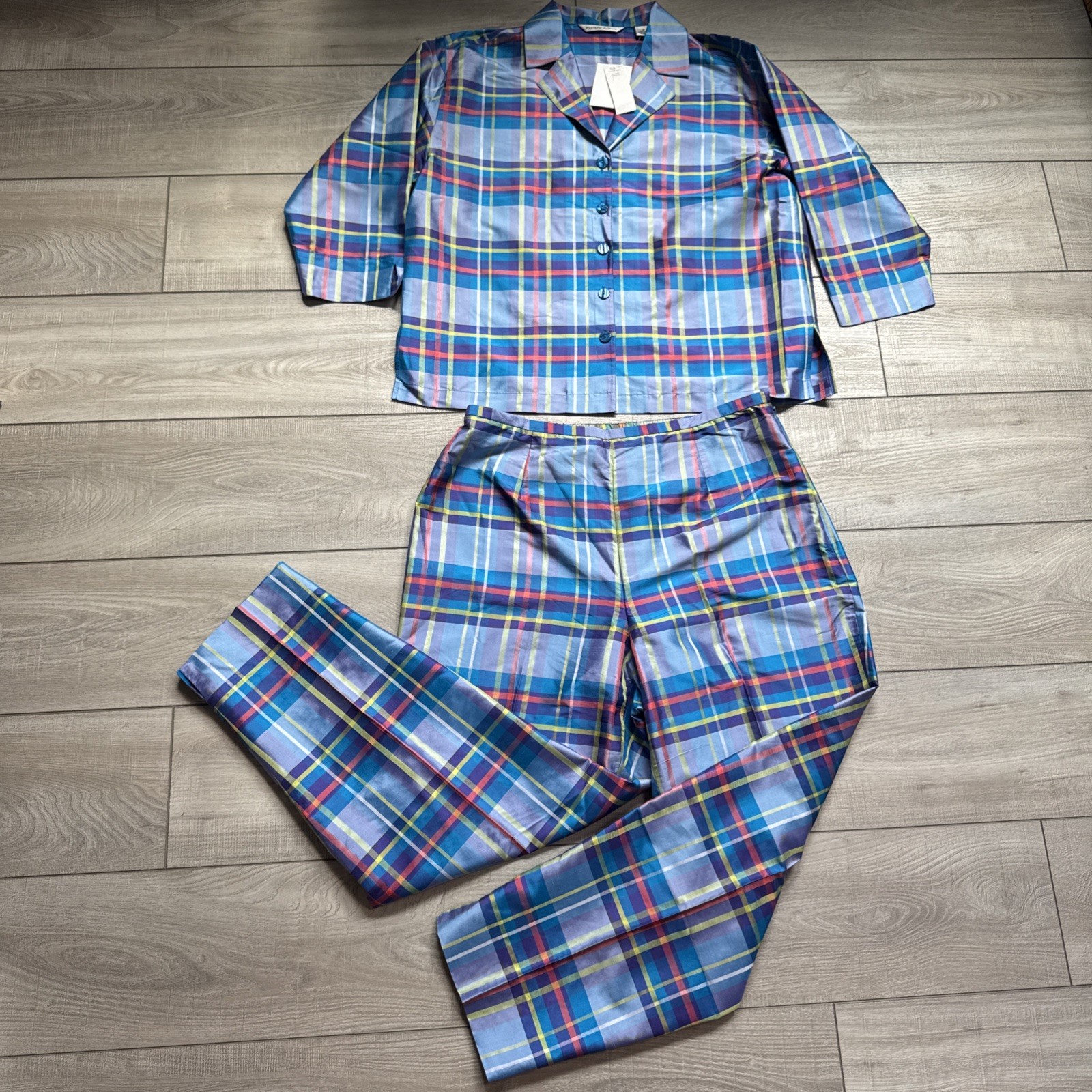 Vintage 90s Preston & York Silk 2pc Pajama Set Top Pants Plaid Womens M/ L Blue