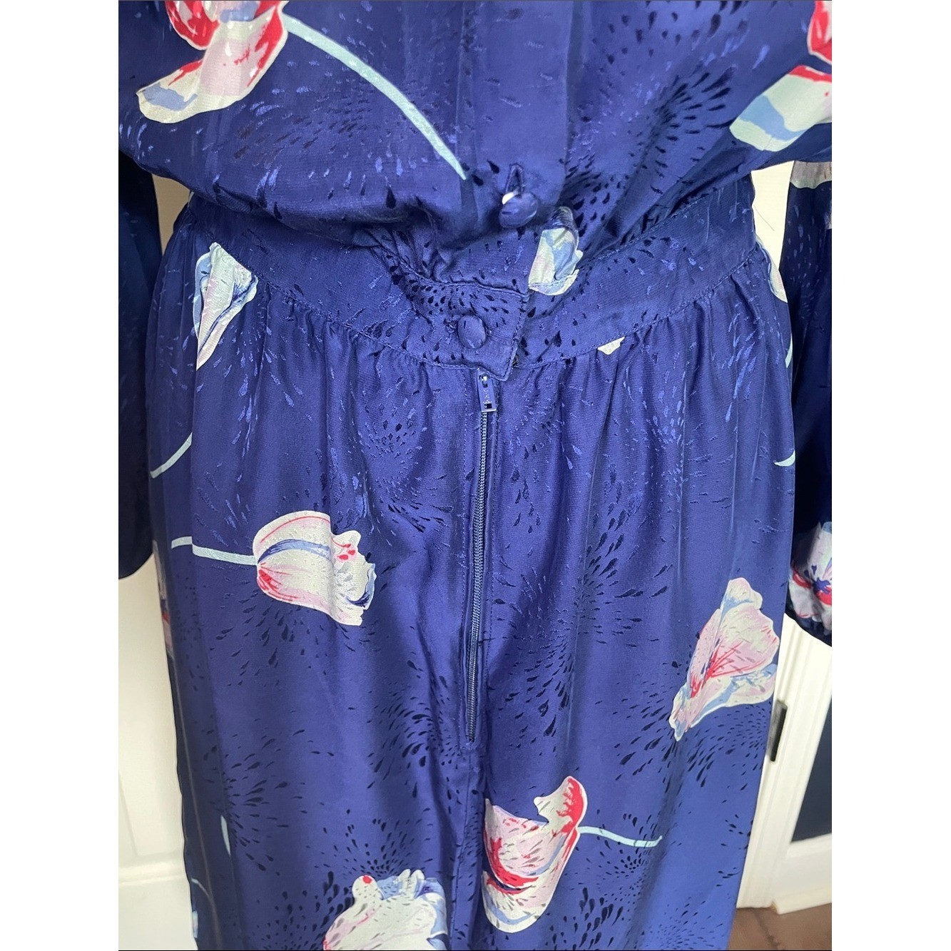 Vintage Silk Maggy London Royal Blue Floral Midi Dress Pastel Blooms Size 8