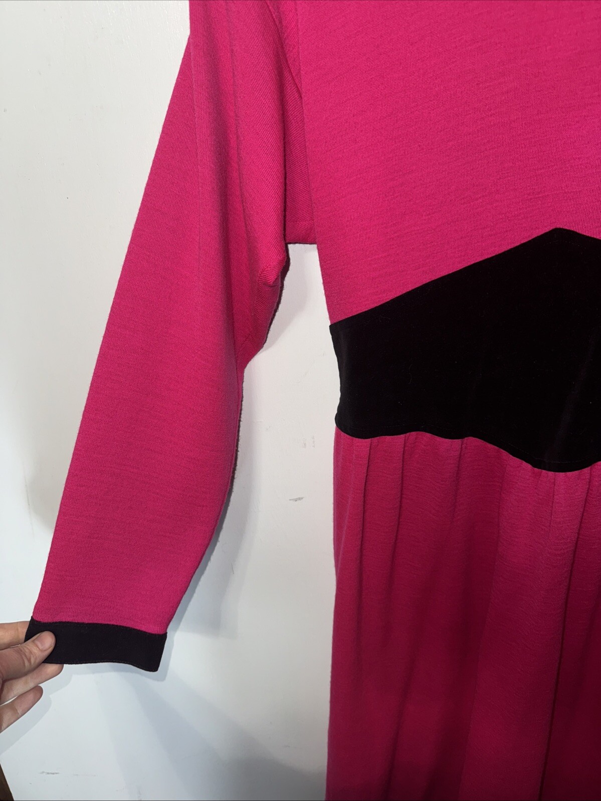 Vintage Kathryn Conover 80s Dress Hot Pink Black Velvet Waist Long Sleeve Small