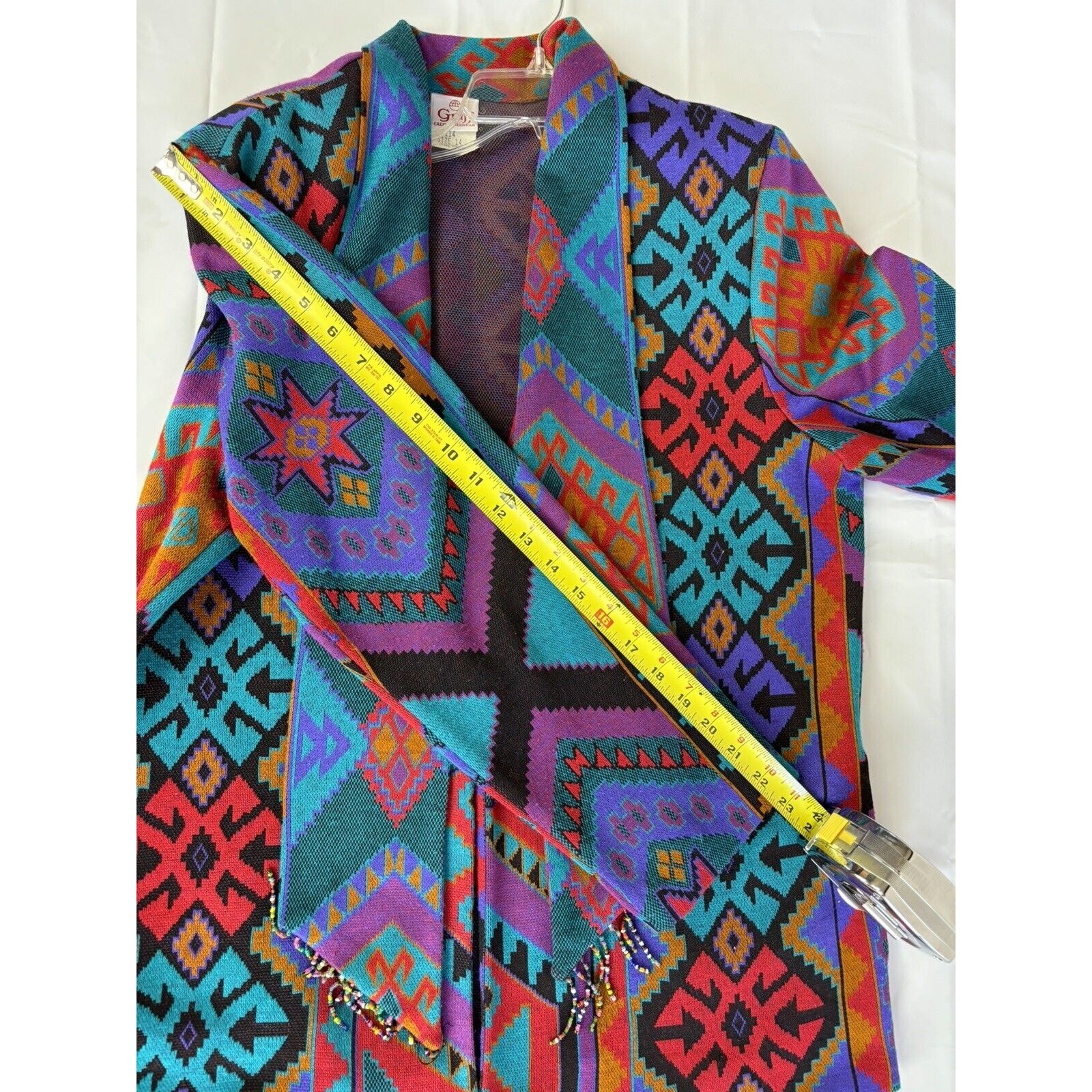 Vintage Graff California Wear Aztec Tribal Open Front Beaded Fringe Cardigan 14