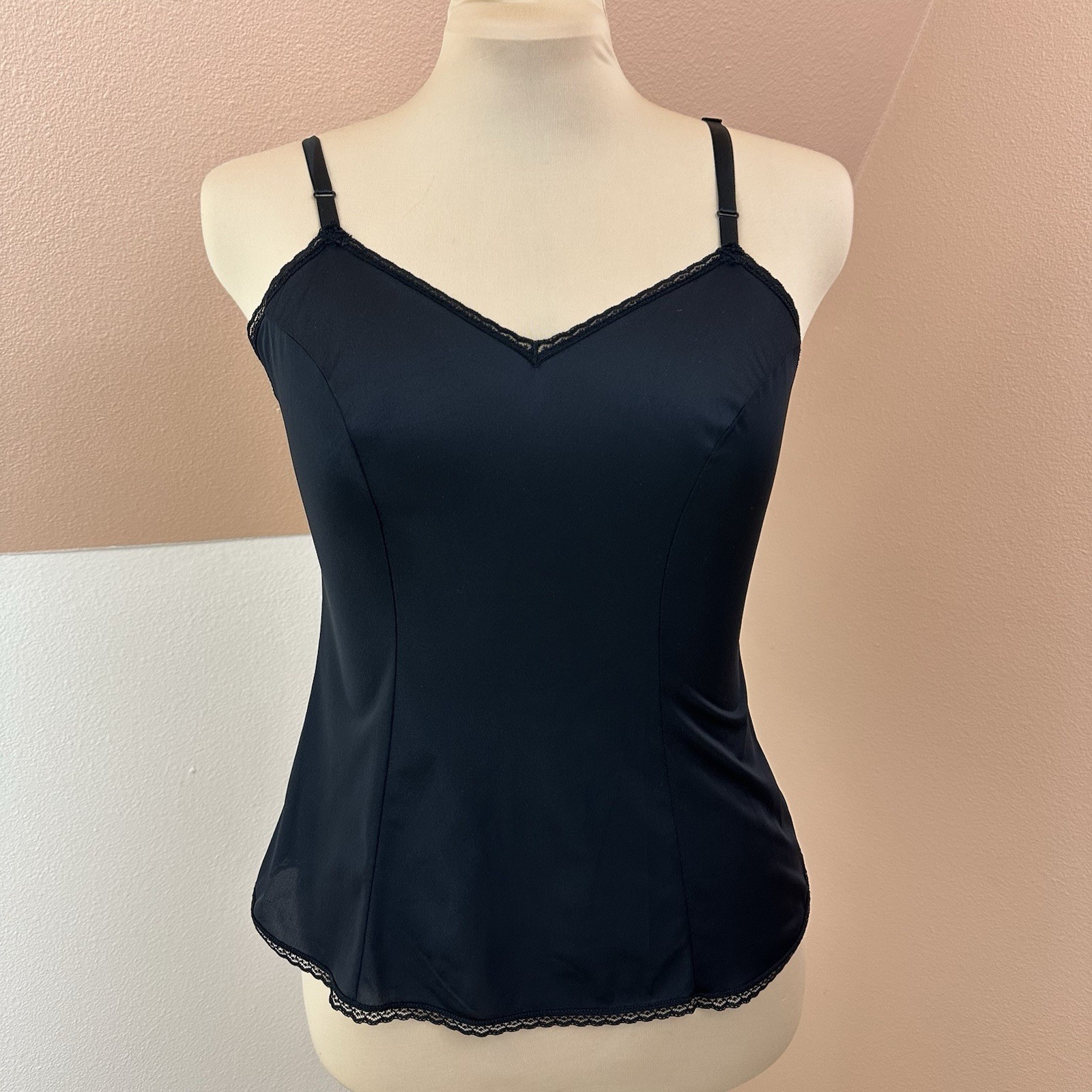 Vintage 90s Y2K Vanity Fair Black Nylon Lace Trim Camisole Made in USA Sz Medium