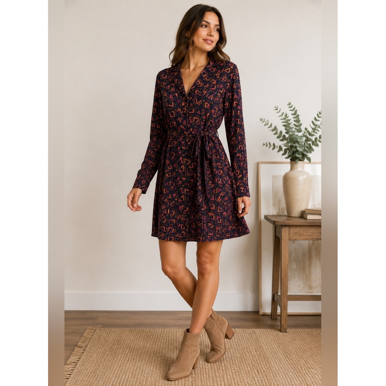 Vintage Luly K Geometric Print Tie Waist Dress Long Sleeve Button Front Size L