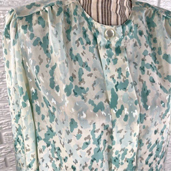 Vintage HaberdasHer Turquoise White Silver Patterned Blouse Shirt Size 7/8