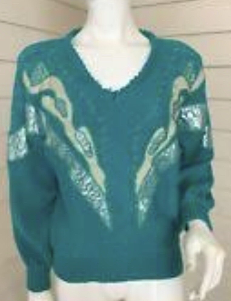 VTG 80s 90s Teal Metallic Embellished Gold Batwing Turtleneck Sweater Glam Retro