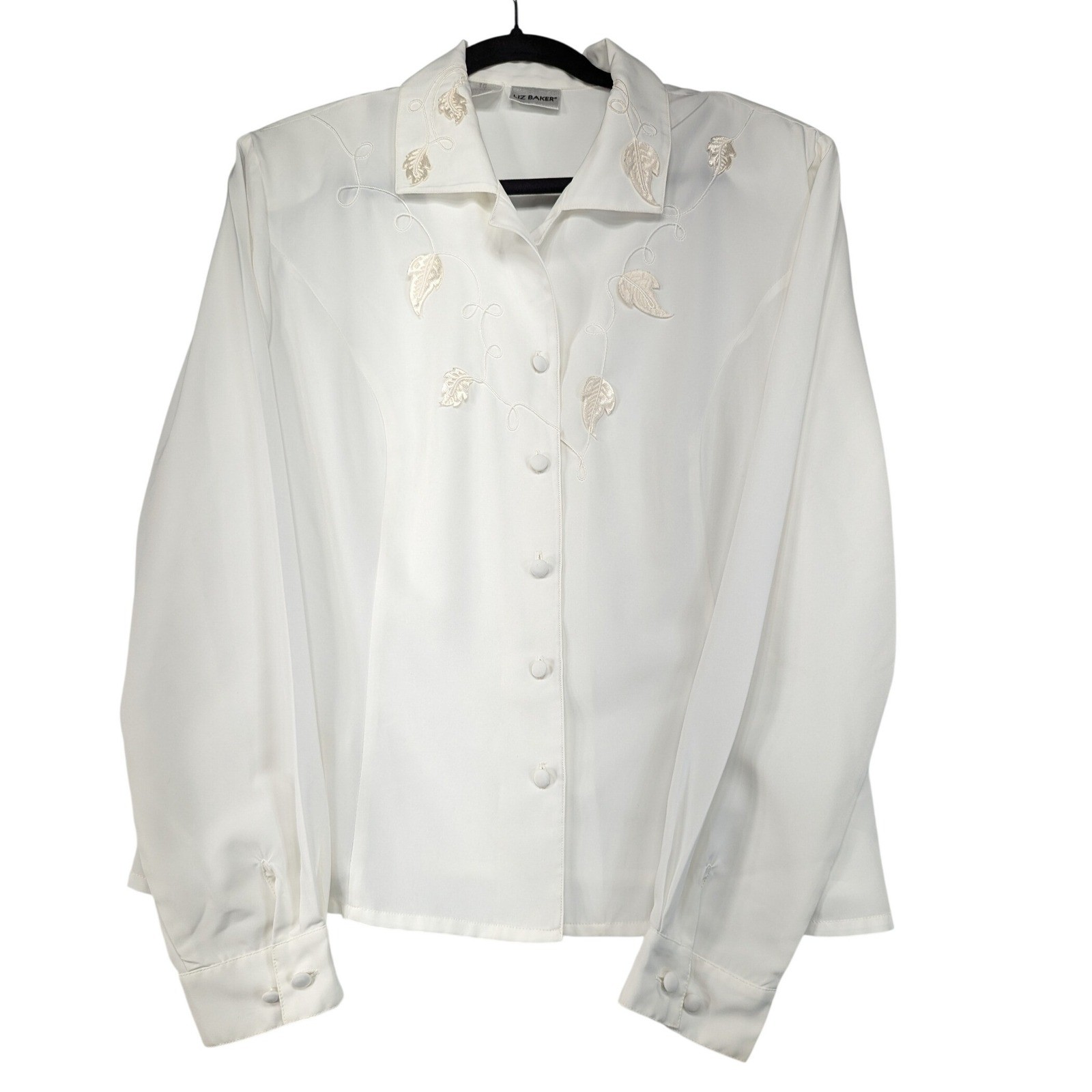 Liz Baker White Embroidered Leaf Button Down Blouse Long Sleeve Size 16 Vintage