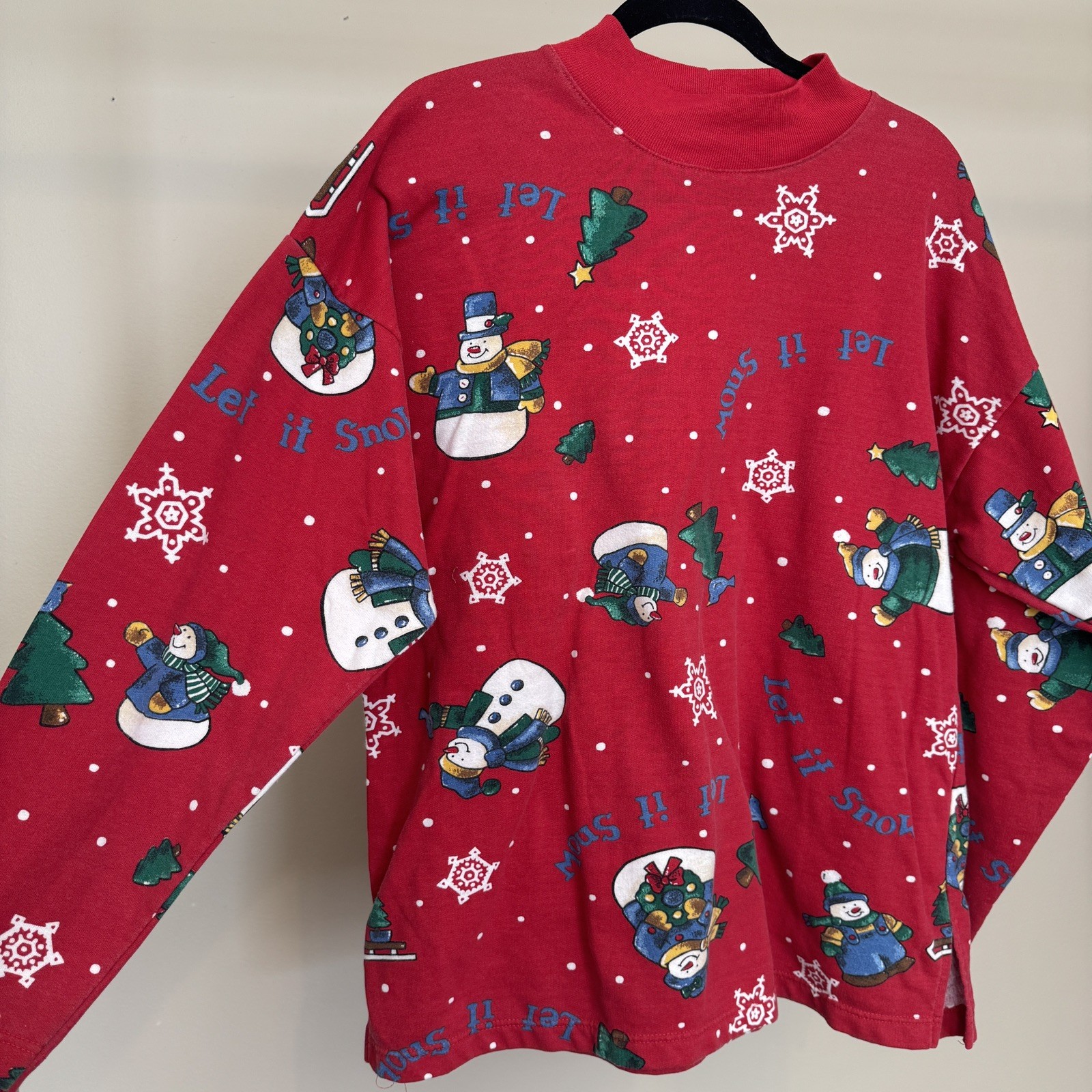 Vintage Holiday Let It Snow Mockneck Snowman Long Sleeve Womens Large Oversized