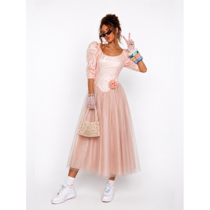 Vintage Alfred Angelo Blush Pink Lace Tulle Puff Sleeve Formal Dress USA ILGWU