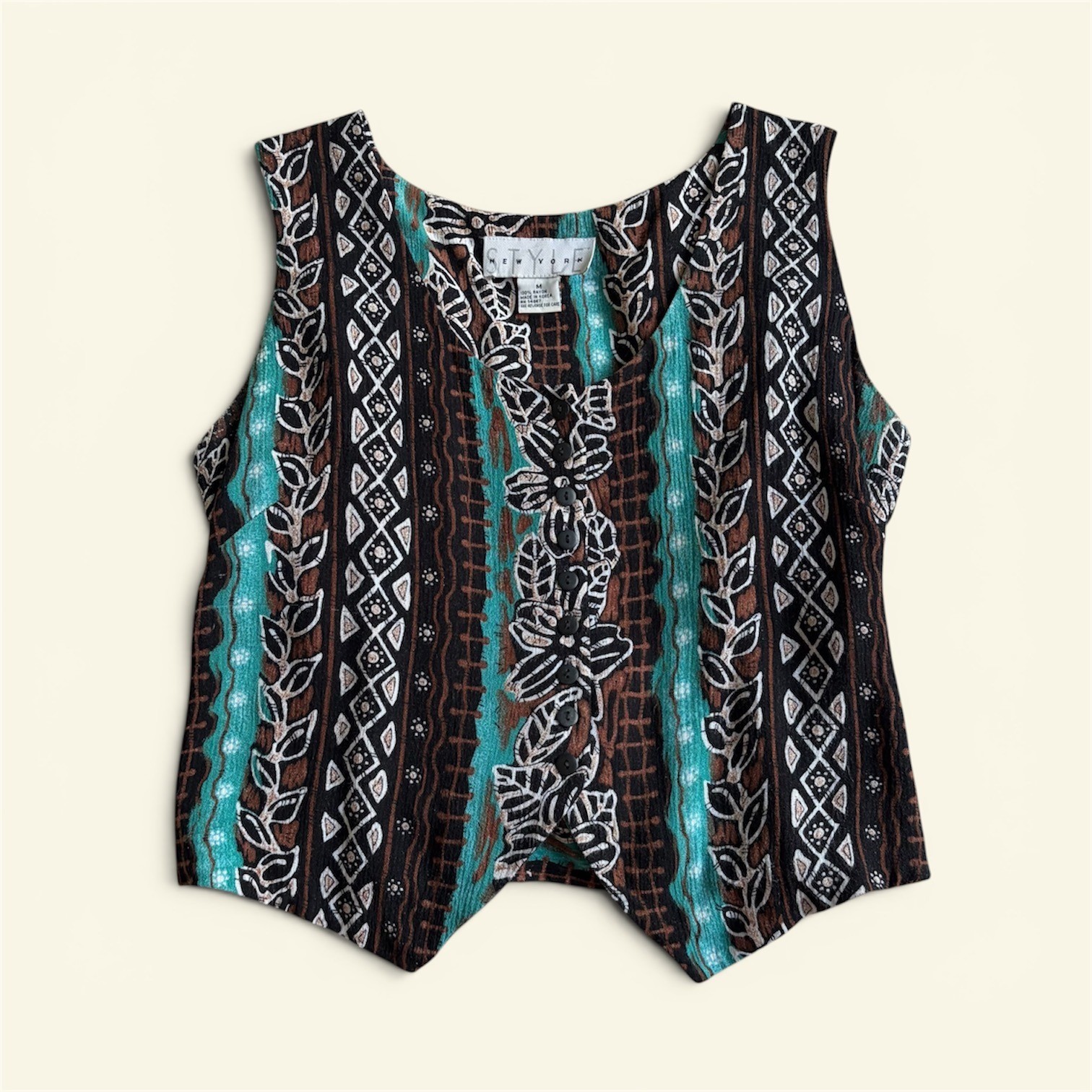 Vintage Style New York Tribal Floral Print Rayon Button Front Tie Back Vest M