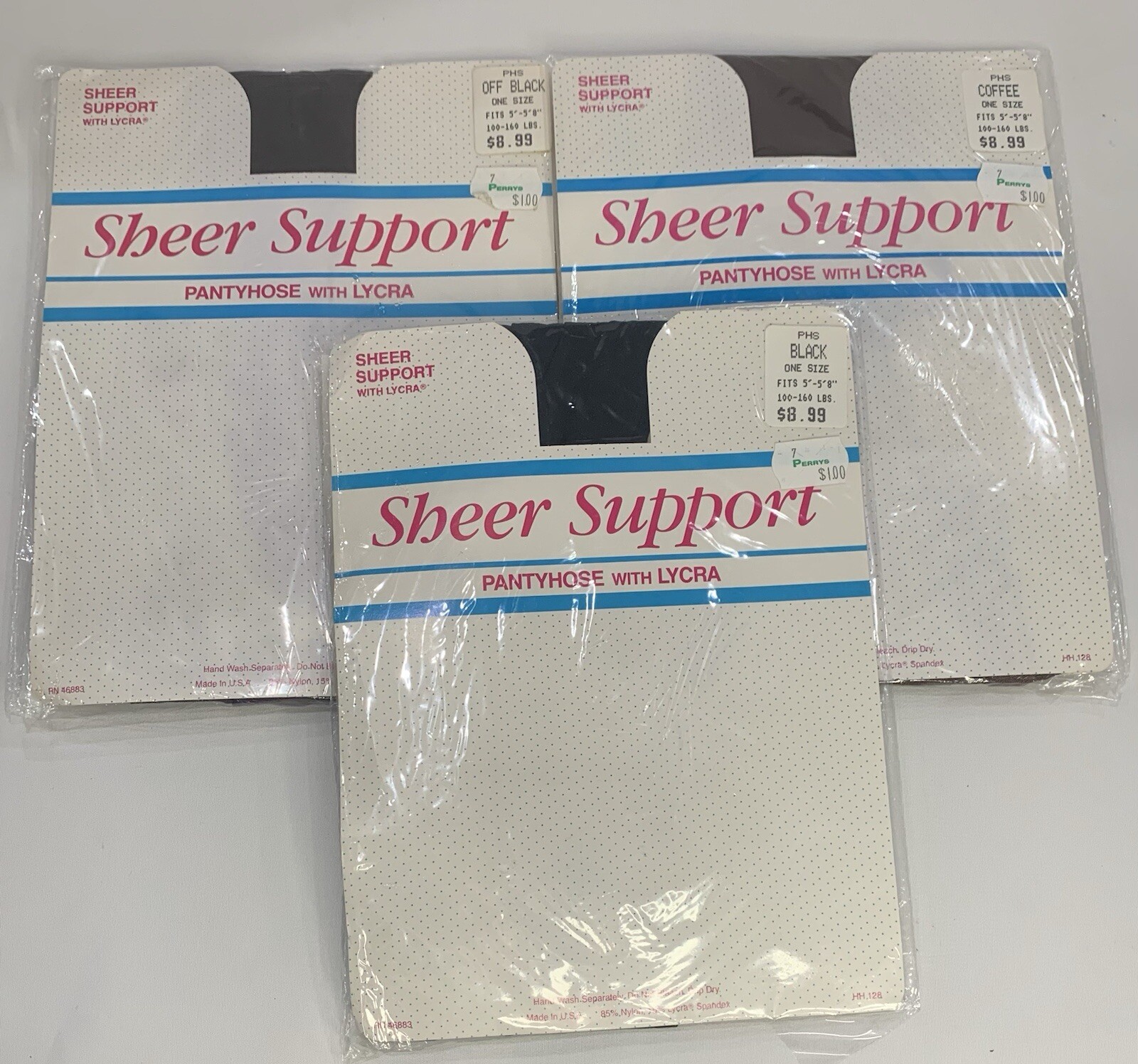 Vtg Sheer Support Pantyhose Black/Off Black/Coffee 3 Pkgs Lycra/Nylon One Sz
