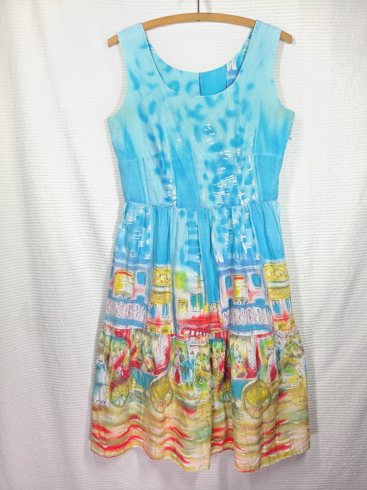 Vtg 50s Moulin Rouge Dress Border Print Tiered Skirt Novelty Cotton RARE AsIs S