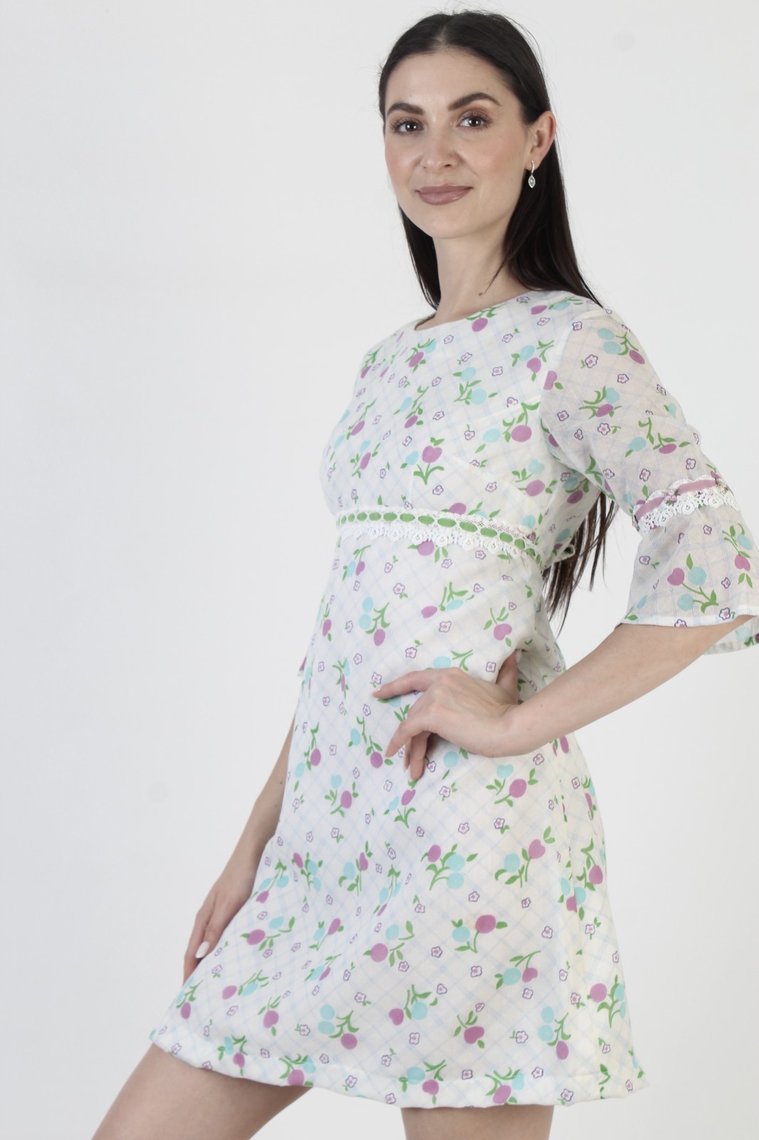 Vtg 70s White Fruit Print Dress High Waist Bell Sleeve Prairie Cottage Mini
