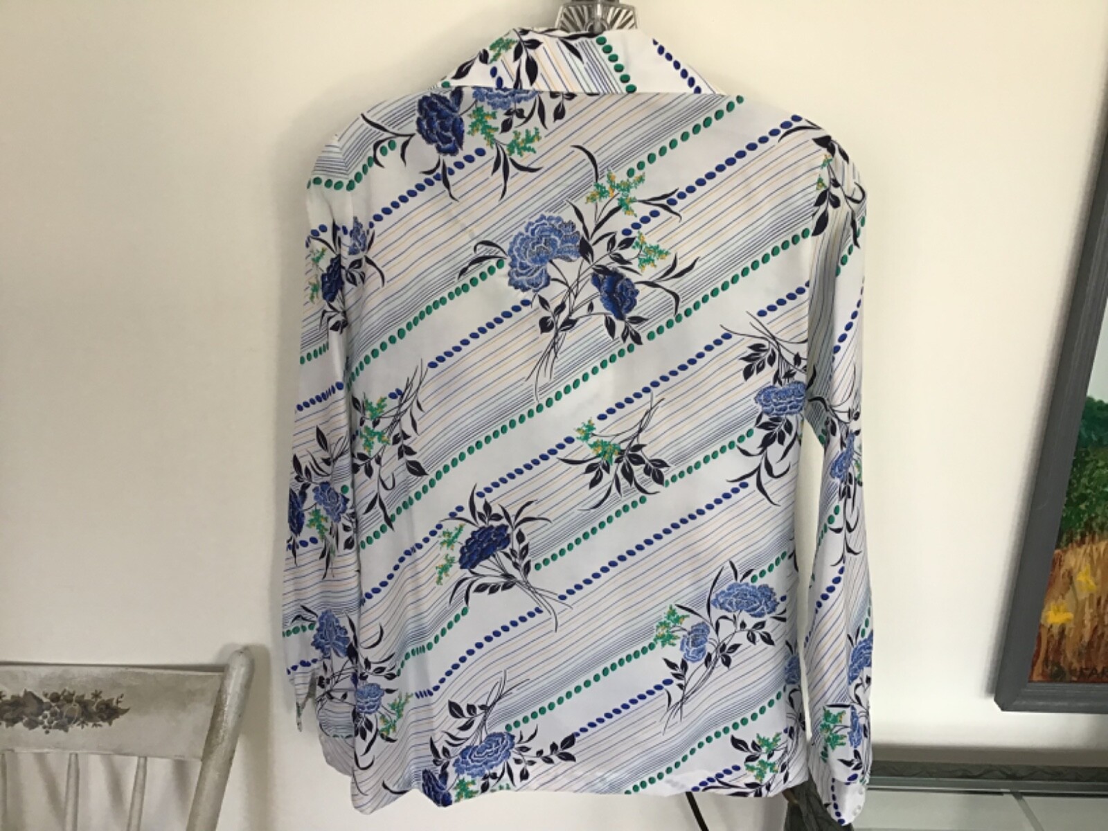 Vintage 70’s GAILORD Texturized Polyester Blue Floral Blouse Size 8 Disco Era!