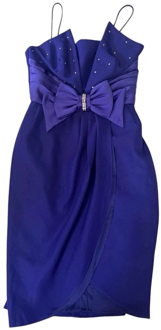 Vtg 80s Bari Jay Rhinestone Bow Party Dress 6 Made In USA Purple Sleeveless Mini