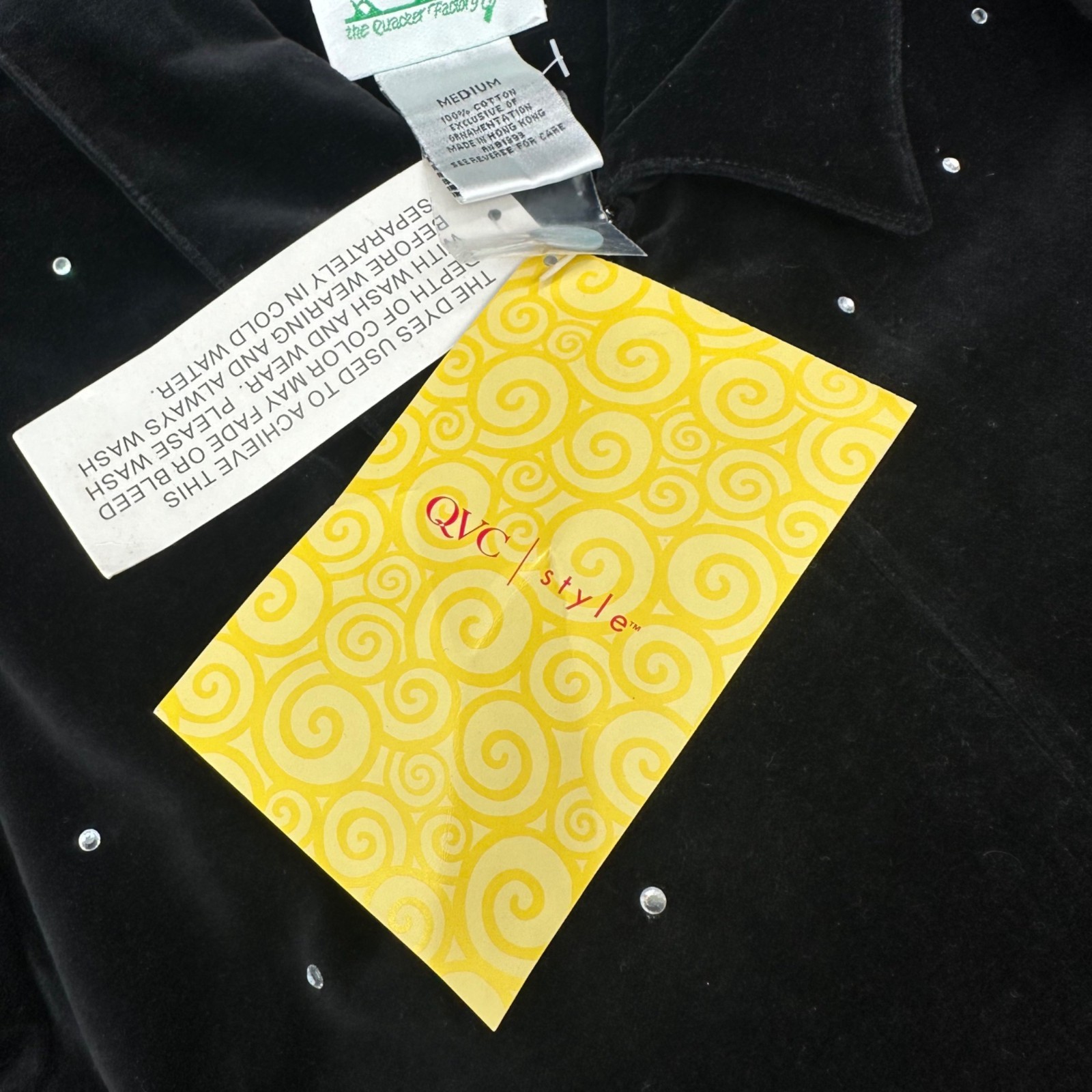 Vintage Quacker Factory Black Velvet Shirt Rhinestones Size Medium 1990s Zip Up