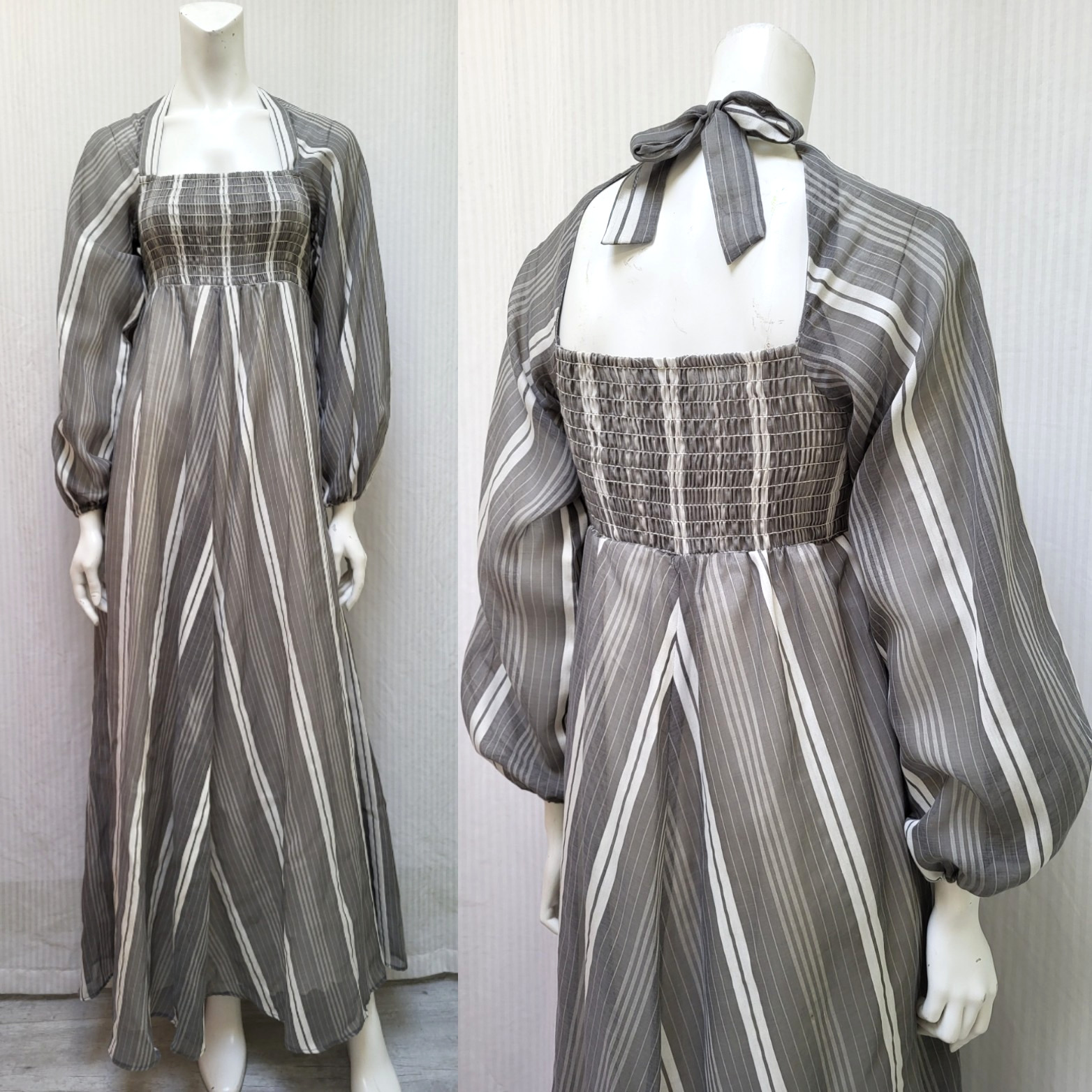 Vintage 1970’s MELISSA LANE Gray Stripe Maxi Dress with Smocking – Size XS/S