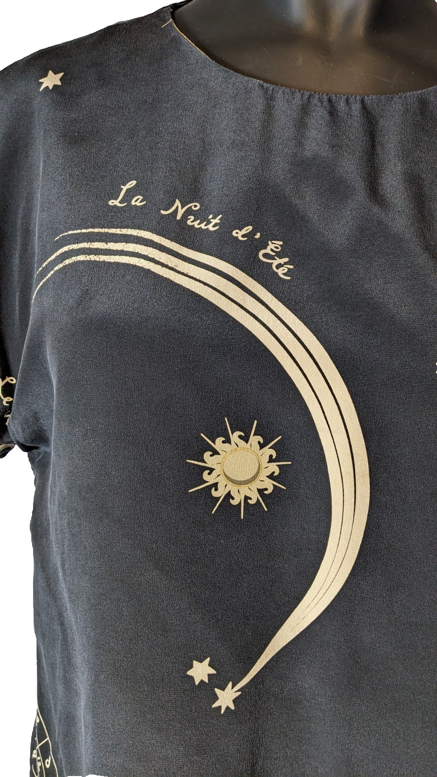 Celestial Silk Dress Jones New York. Black/Gold Sun, Moon 1990s Size 14 Sheath