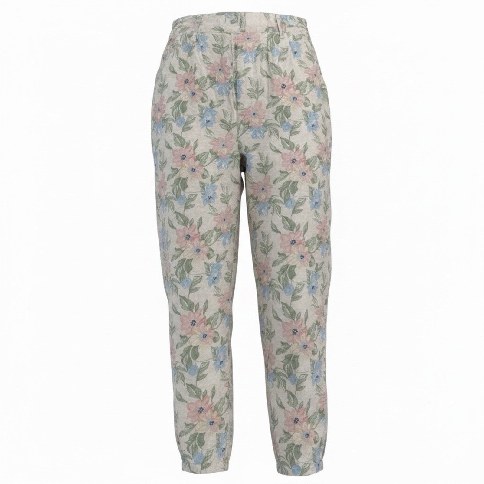Vintage 90s Pastel Floral Linen Pants TARAZZIA Size Large Cottage Coastal Boho