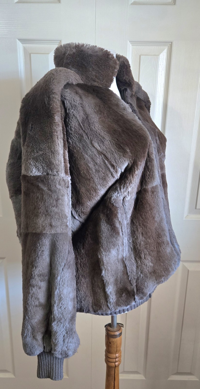 1980s CAROLE LITTLE Gray And Brown Patchwork Rabbit Fur Bomber Jacket Sz Large