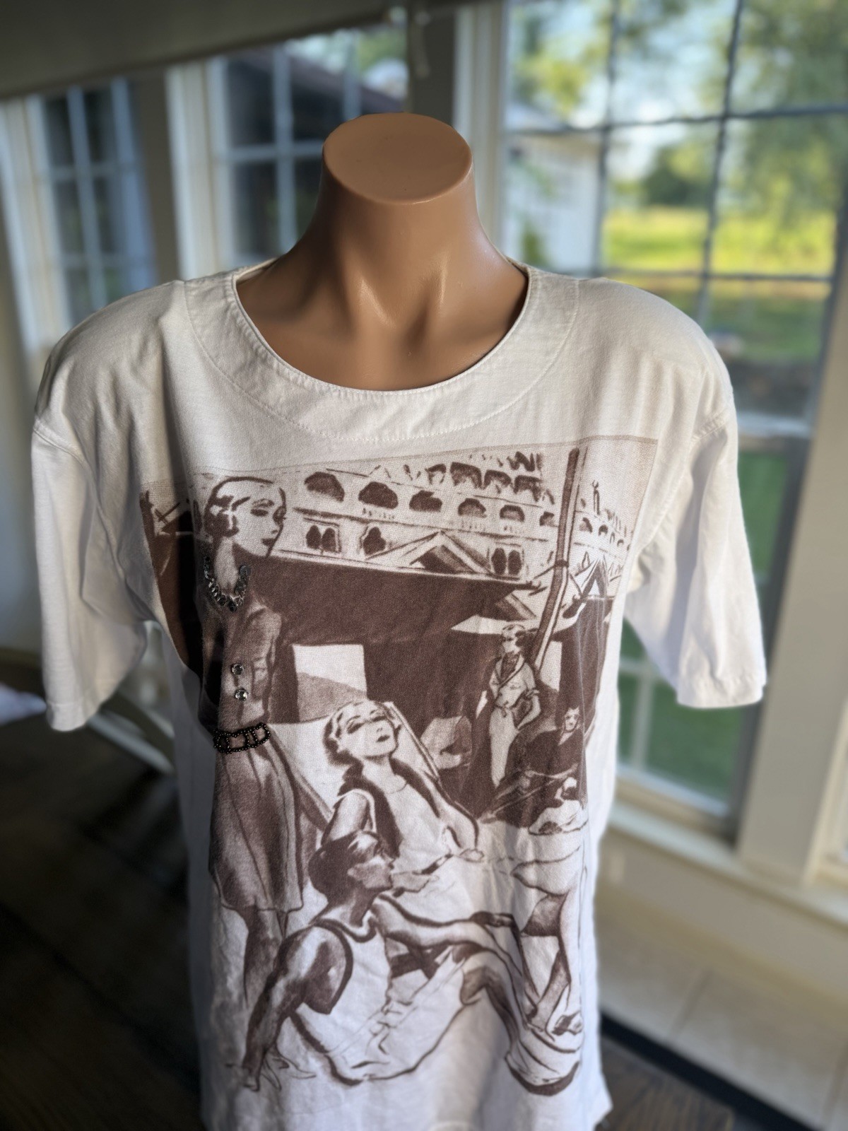 Vintage 80s Olsen Italy Graphic T-Shirt White Cotton Shoulder Pads Size 38 (M-L)