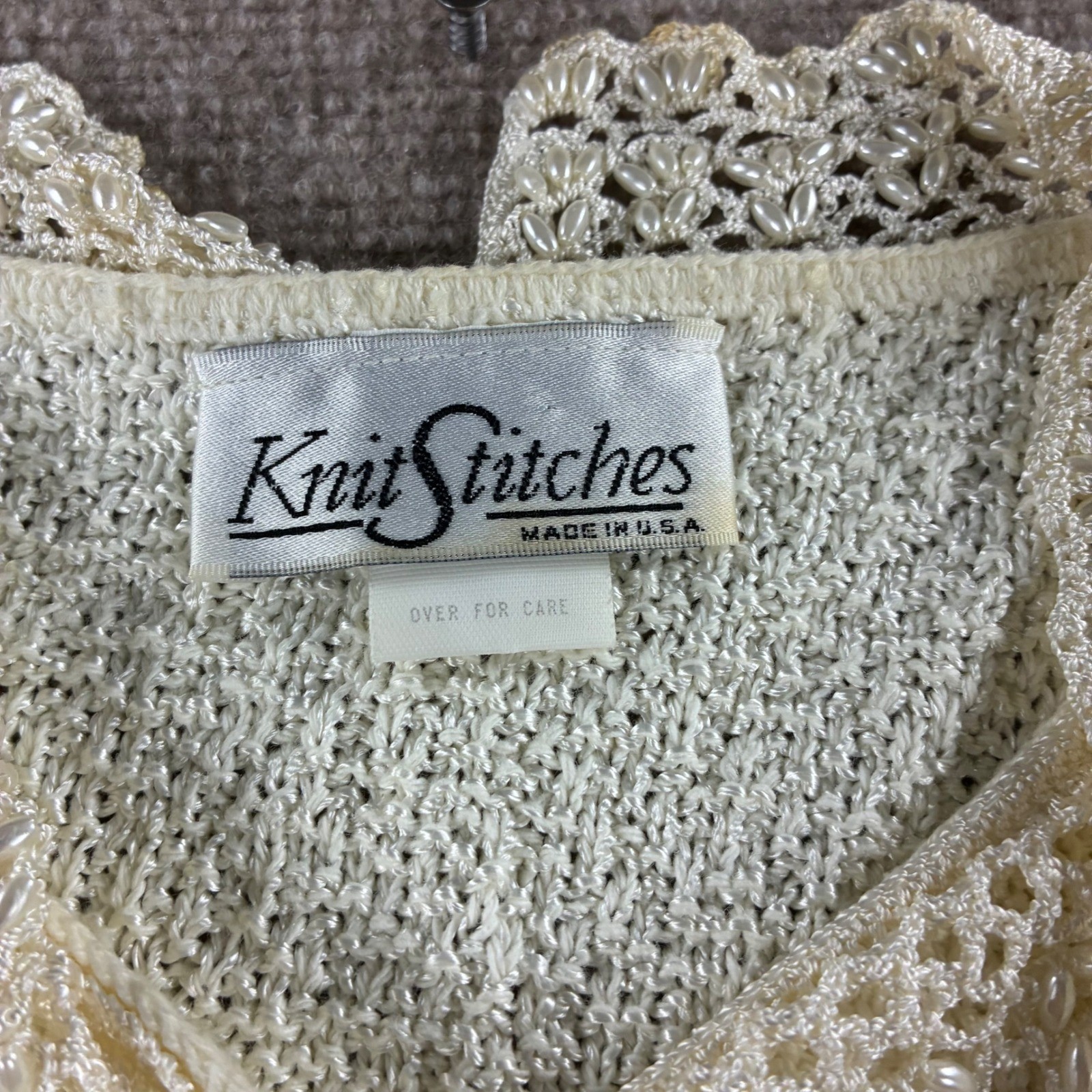 Knit Stitches Womens Cream Boucle 2 Piece Set Lace Pearl Collar Cardigan Top USA