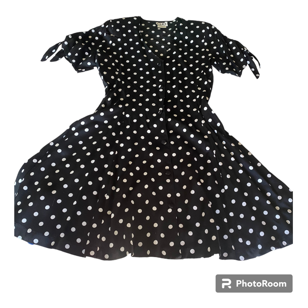Clio Petites Vintage 80s Women’s button down black/ white Polka Dot Dress sz 8P
