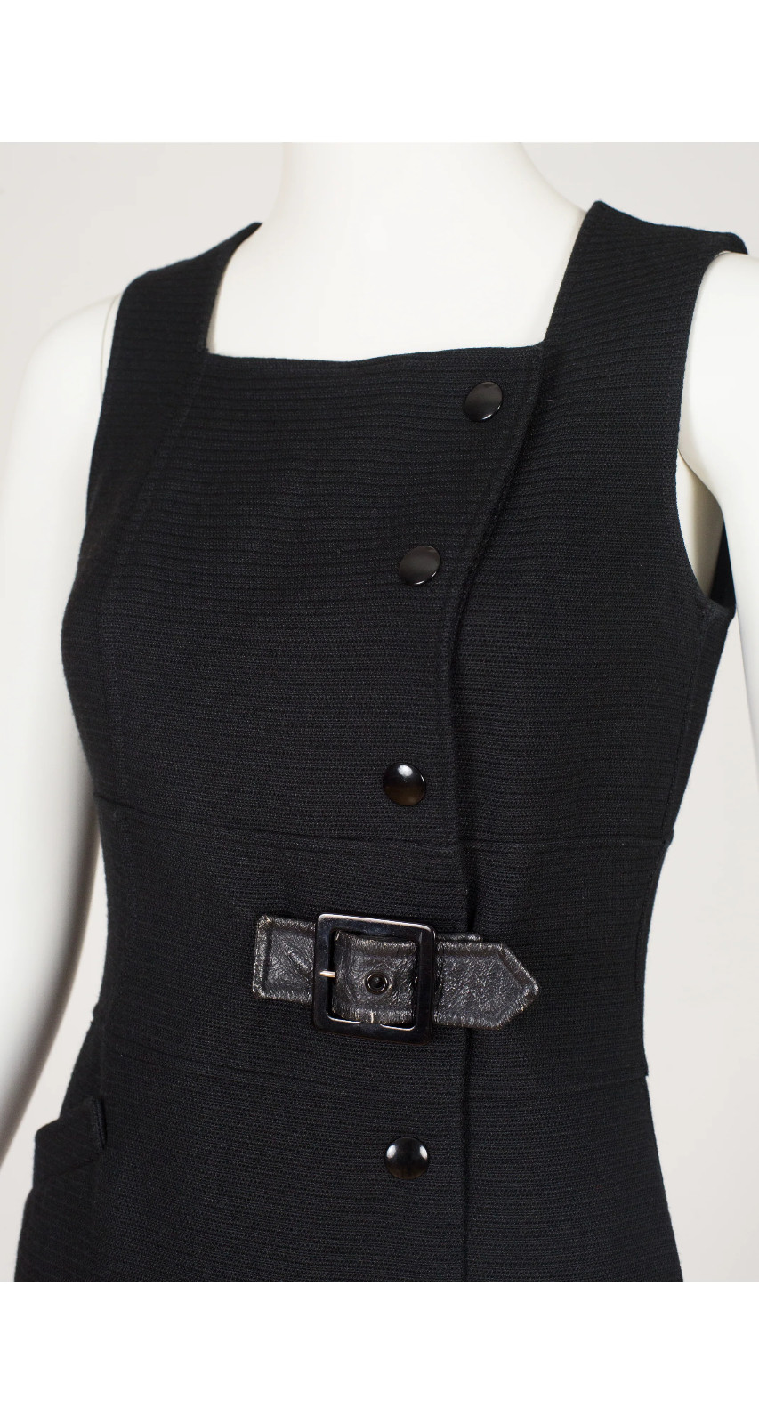 Courrèges 1970s Vintage Numbered Black Ribbed Sleeveless A-Line Midi Dress Sz XS