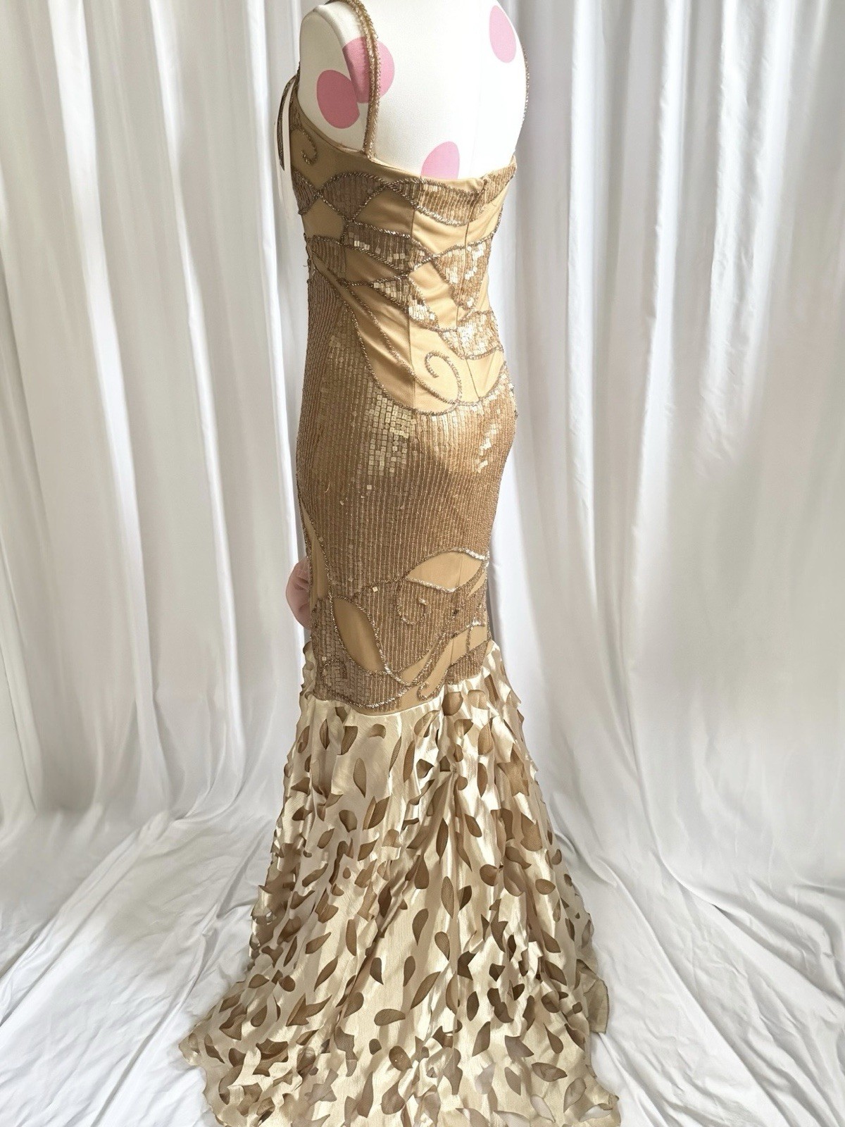 Vintage Gold Fairy Beaded Sequin Ruffle Mesh Vacation Princess Formal Gown Dress