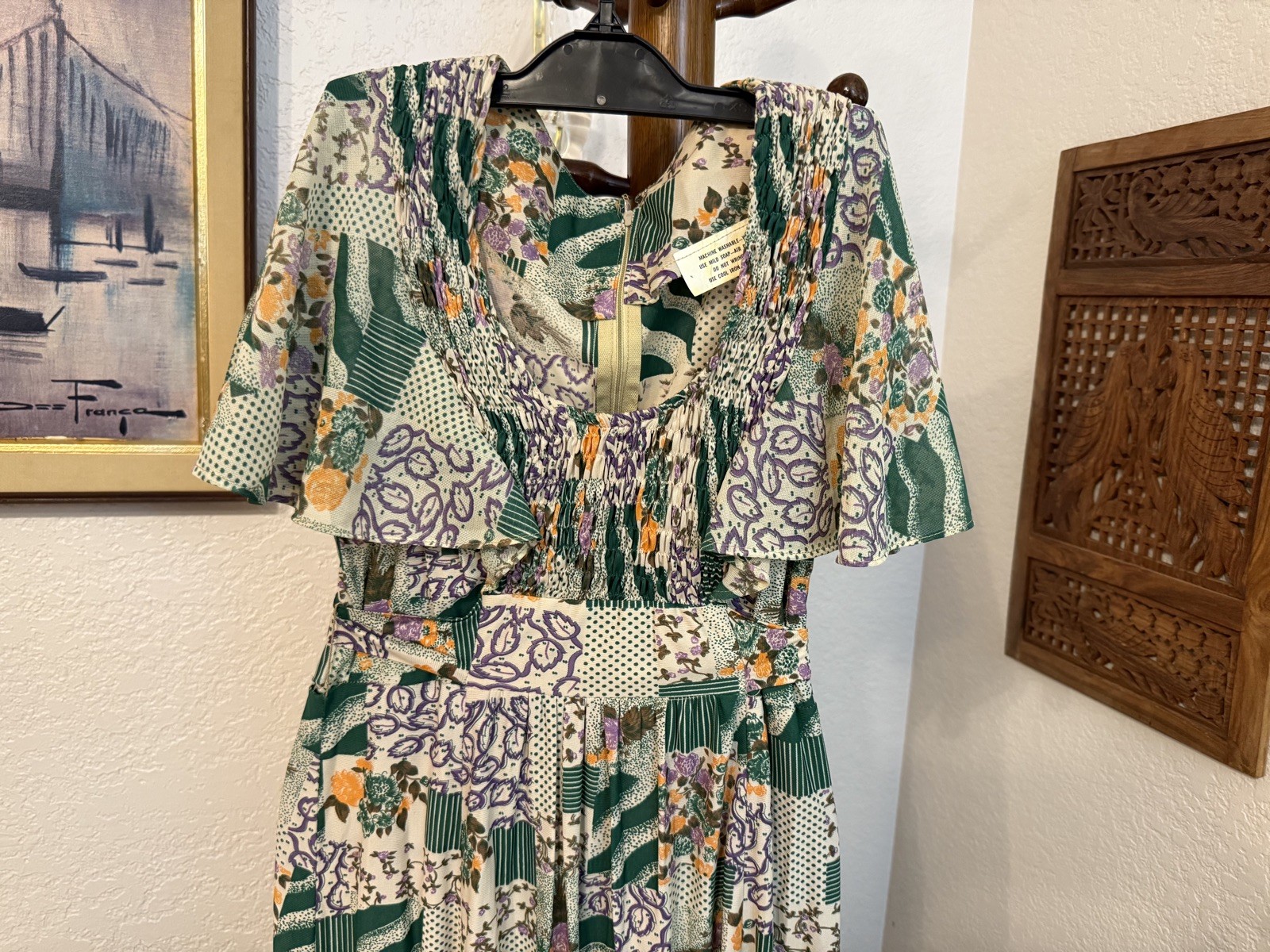 Vintage Handmade NWOT Polyester Patchwork Maxi Dress Smocked Tie Waist Small