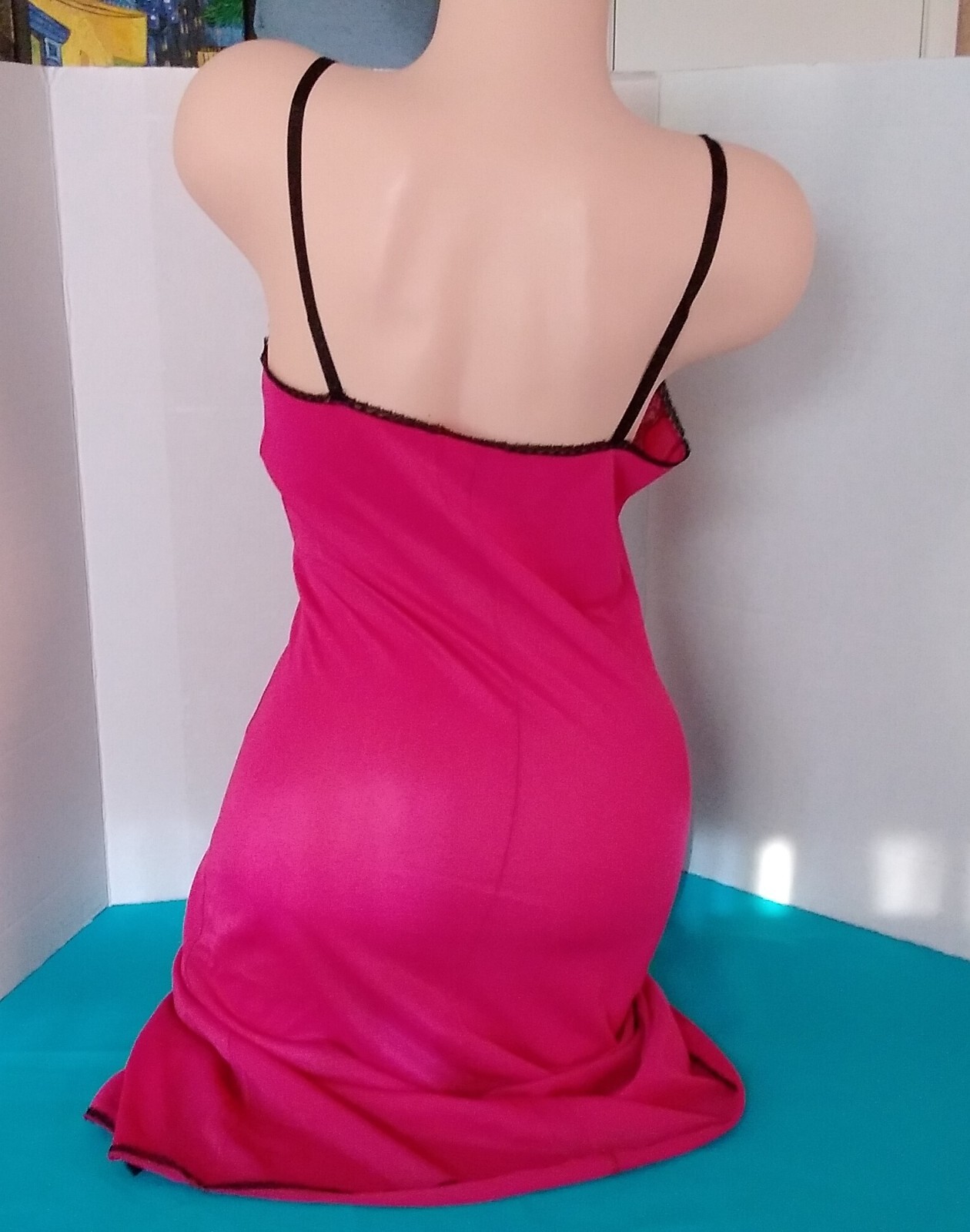 Vintage 60’s Full Slip Dress Chemise European Retro Dark Pink Black Lace M