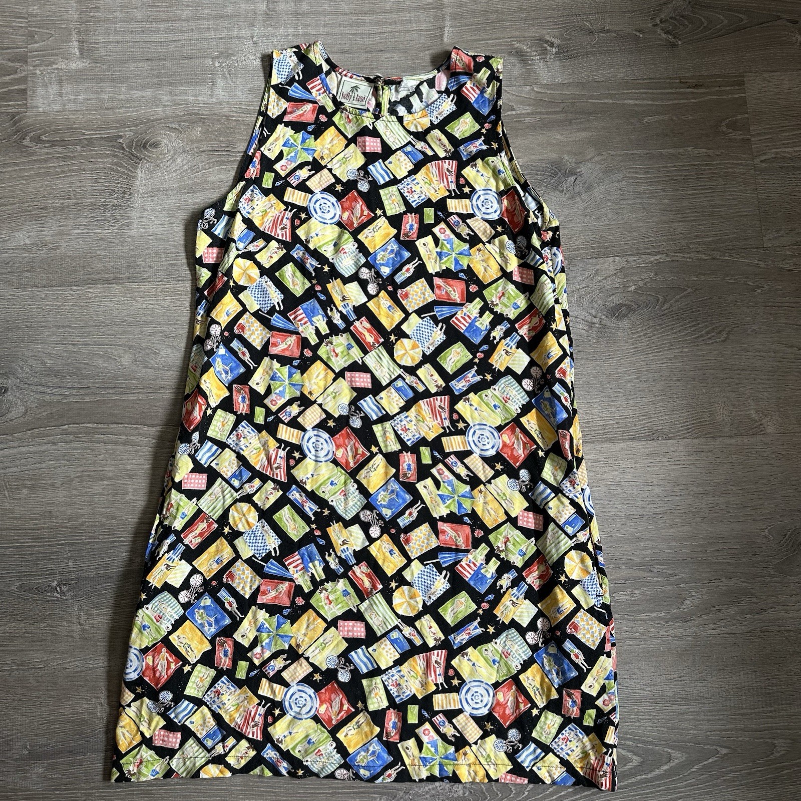 VTG 1990s Retro Design Shift Dress Teacher Aesthetic Funny Beach Print Med