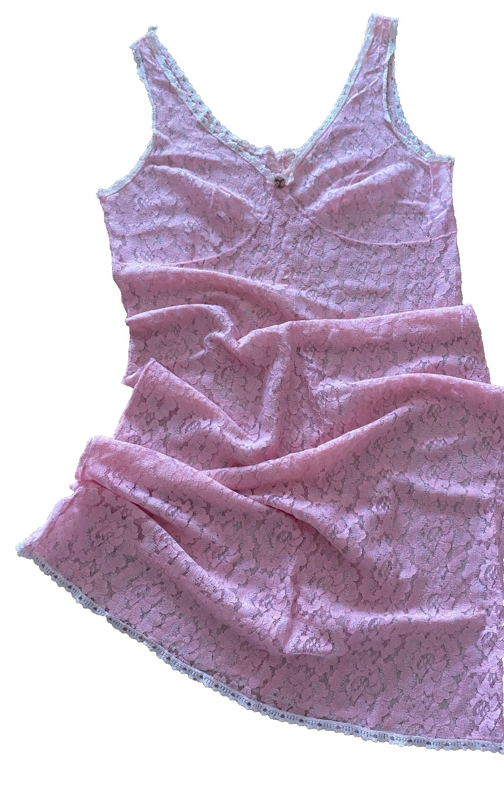 Vintage 1970s Pink Nightgown Lace Sheer Rose Dress Slip Romantic Lingerie XS/S