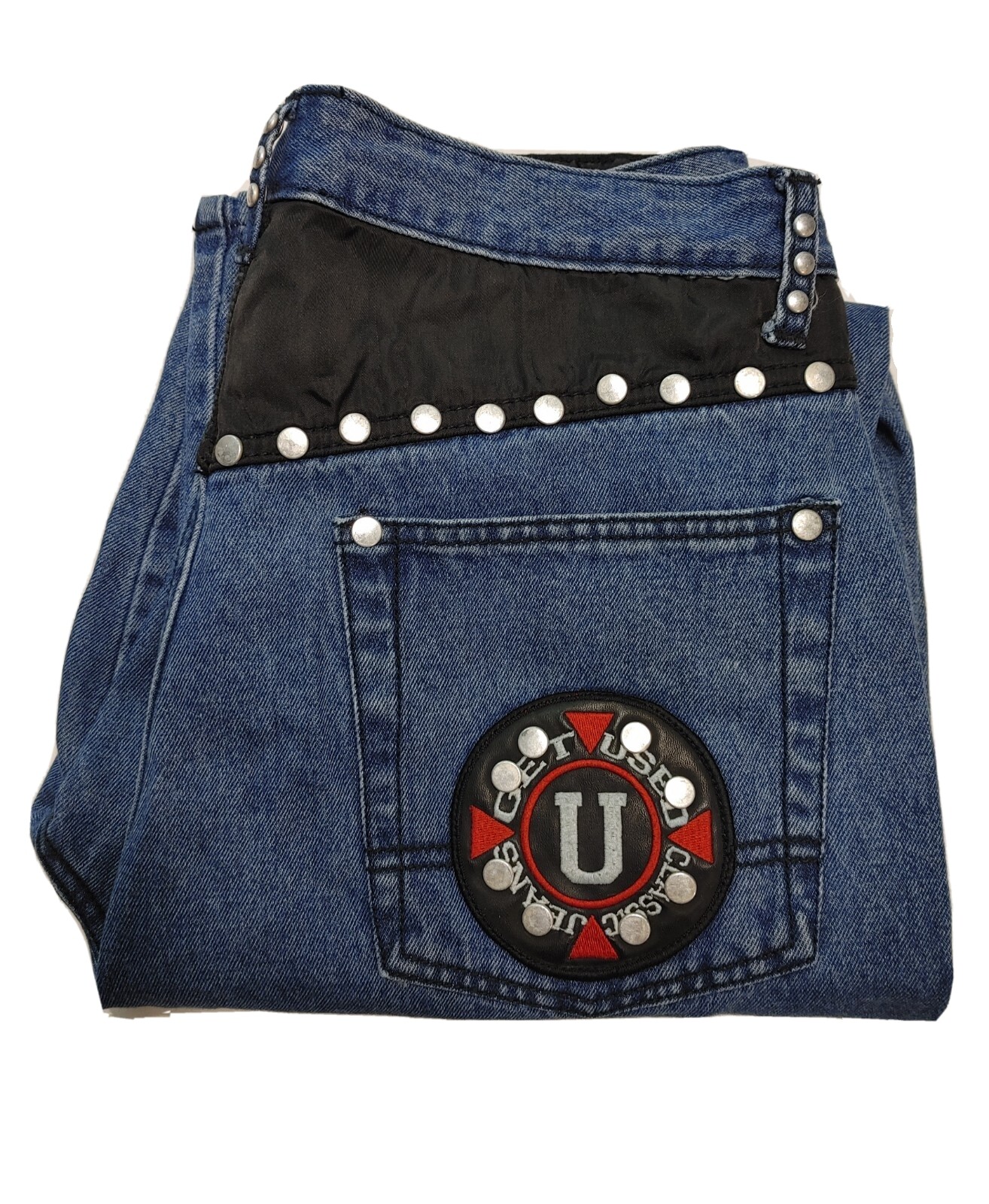 VTG. „GET USED” Denim Classic Jeans Size 12 Studded 1980’s Hip Hop 31″W X 31″L