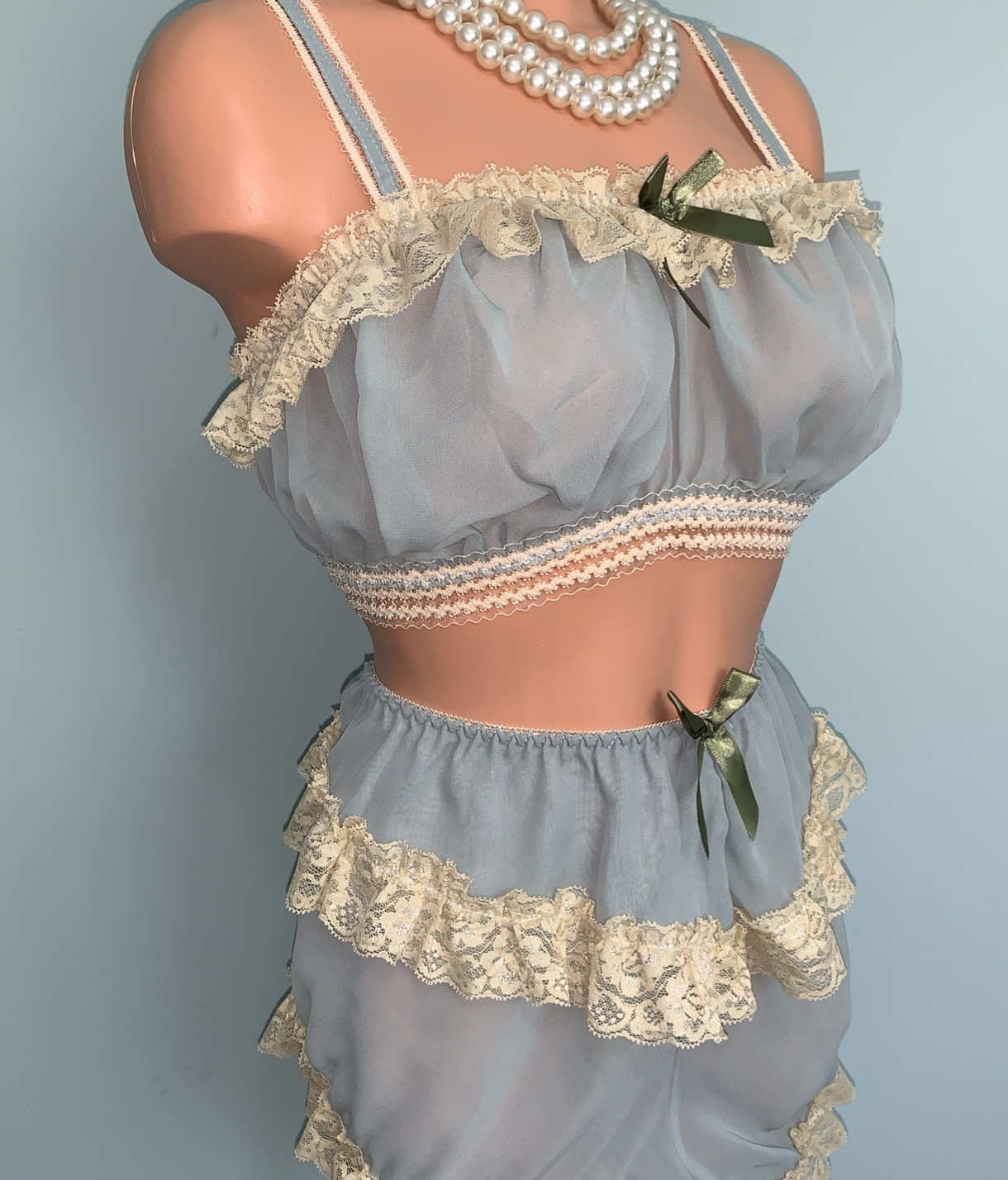 NEW Sheer Chiffon Lingerie Set 1X Bloomers Panties and Cami Top Frilly