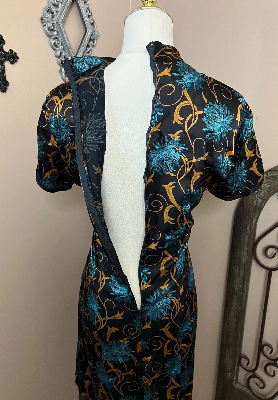 Vintage 90s Black Floral Satin Cheongsam Dress Whimsigoth Gothic Size 10 Med
